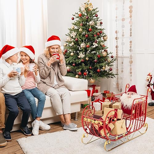 Miniatura 4 de HAPPYGRILL Trineo de Papá Noel rojo, trineo de Papá Noel de Navidad de metal con gran área de carga para regalos, decoración de Navidad con