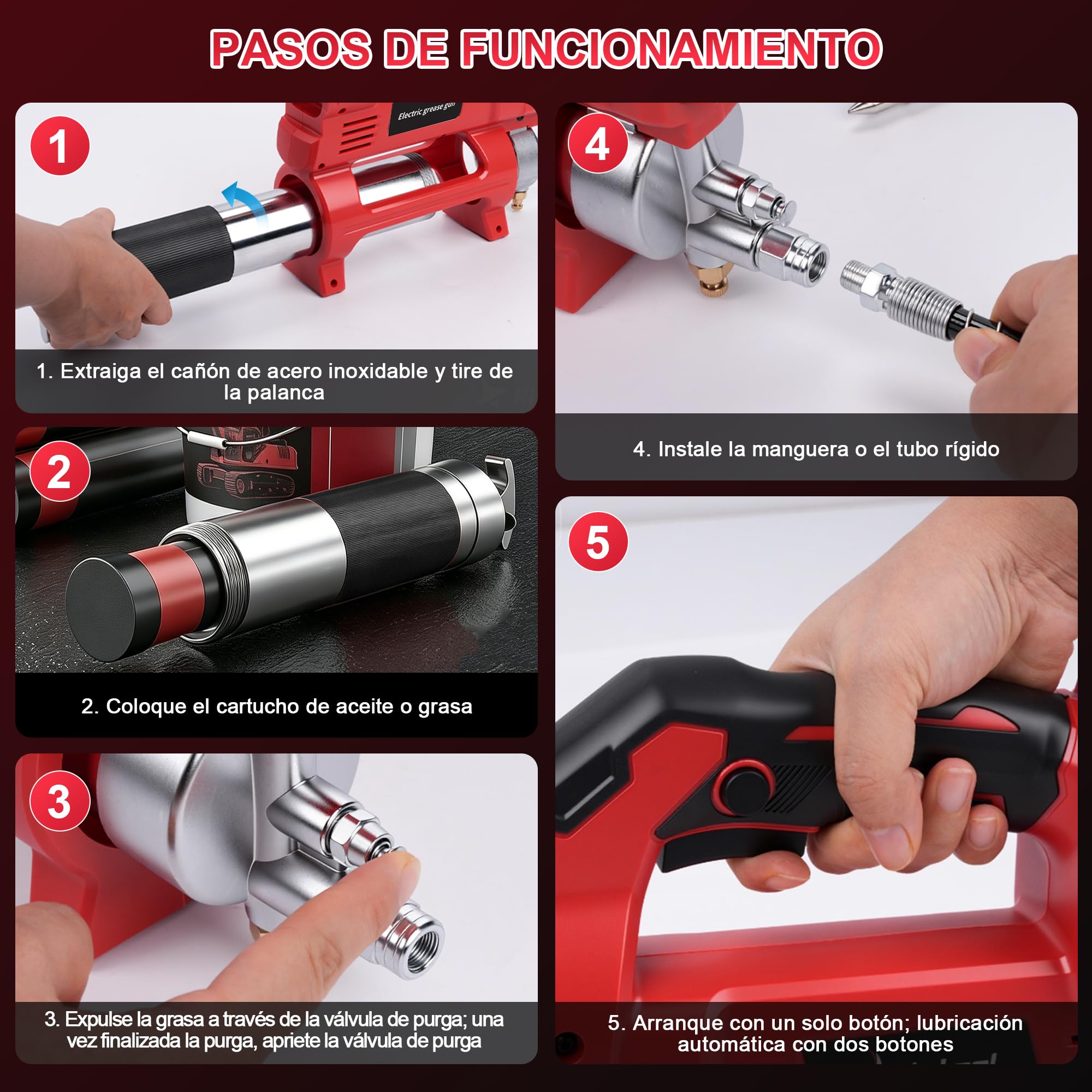 12000PSI Engrasadora Batería, con 2xBaterías 1500mAh, Motor Brushless | 3 Velocidades, Manguera de 1m y Luz LED, Kit de Pistola de Engrasar Eléctrica para Equipos Pesados