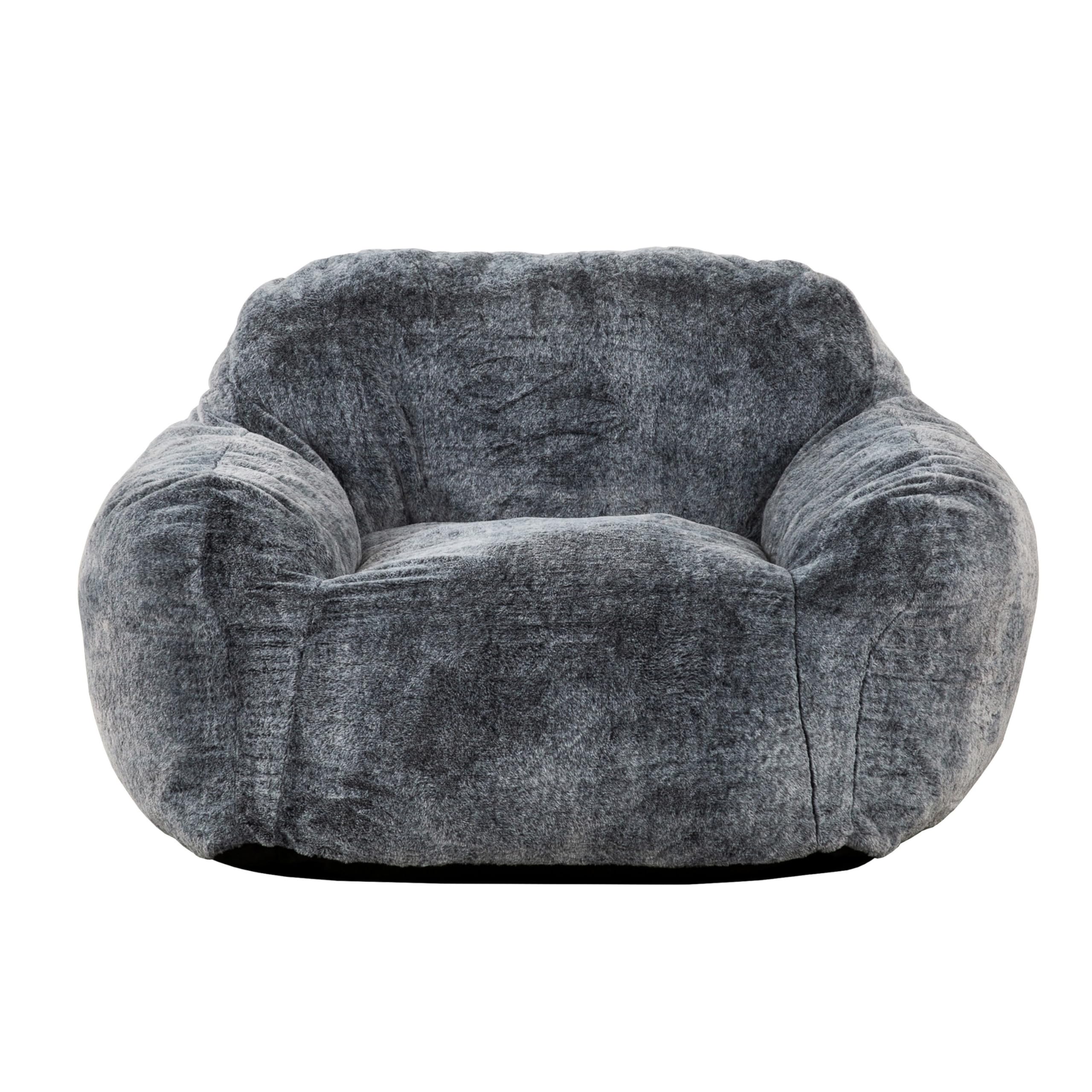 Benjara 45 Inch Bean Bag Chair and Memory Foam and Faux Rabbit Fur and Grayish, Gray Blue
