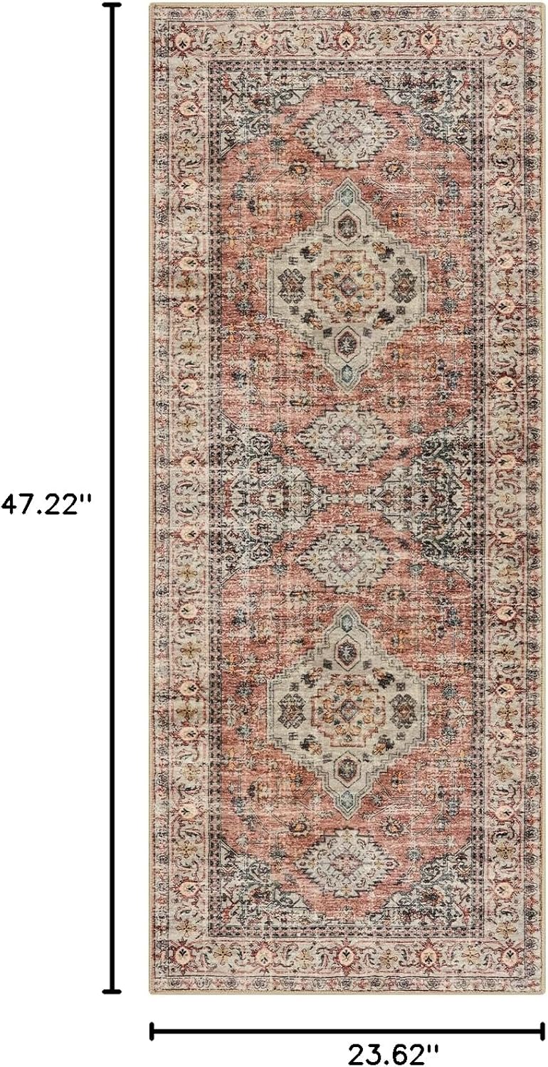 lahome oriental small area rug, 2x4 soft washable rugs for entryway kitchen, non-slip ultra-thin fall indoor door mat distressed vintage small carpet for bathroom bedroom, peach/orange terracotta 2'x4' (rectangular)