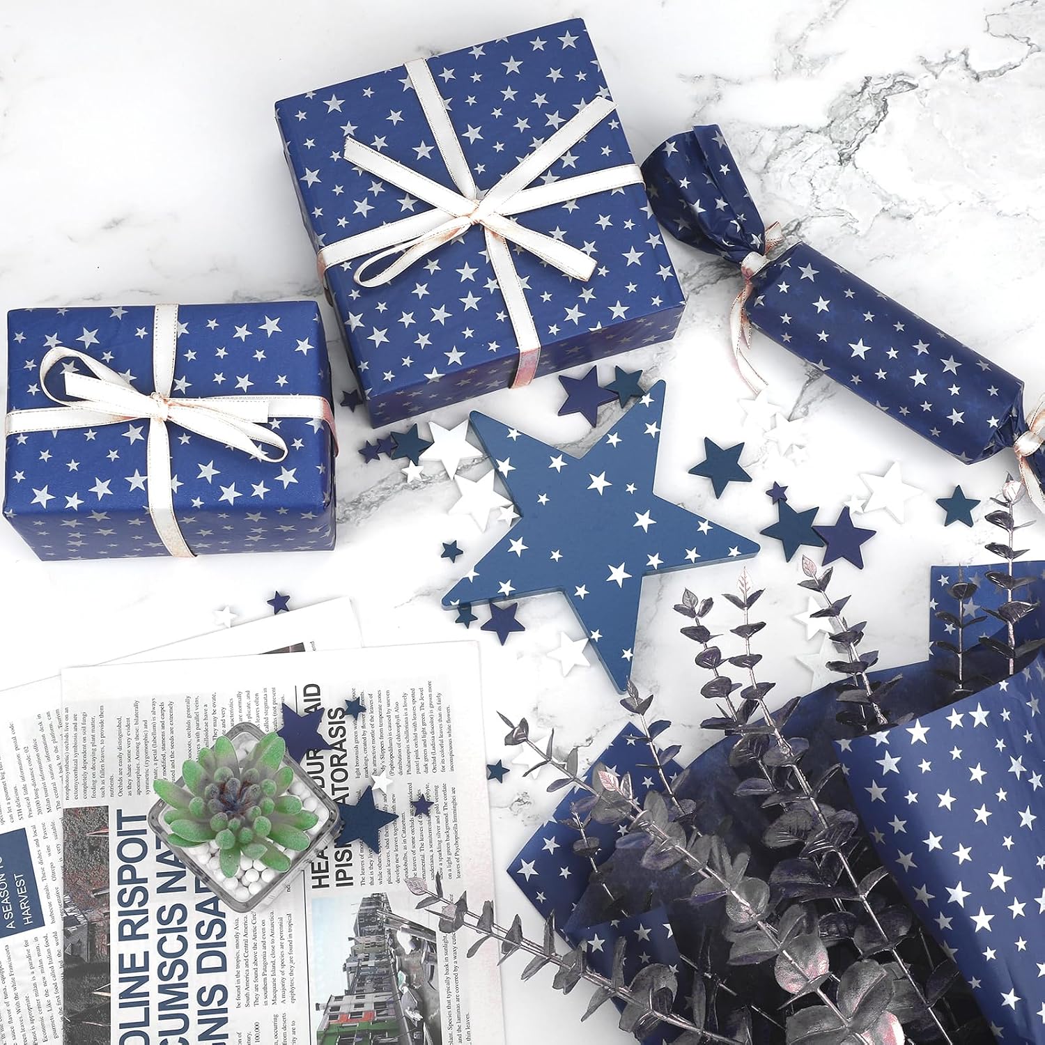 100 Sheets Navy Blue with Silver Star Tissue Paper Bulk, 20x14in Blue Silver Star Wrapping Tissue for Gift Bags 4th of July Independence Day Memorial Day DIY Crafts