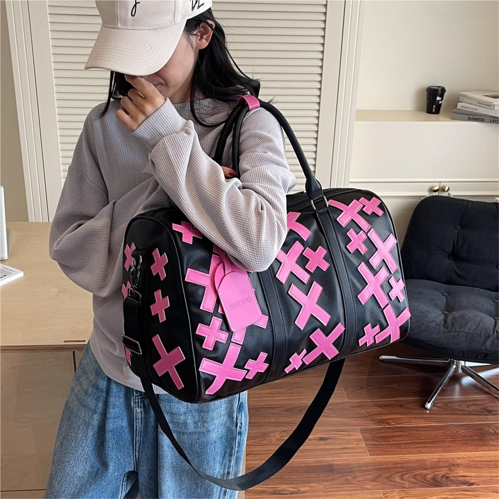 Bolso de Hombro de Viaje de Piel sintética for Mujer, Ideal for Gimnasio, Viajes Cortos.(Pink)
