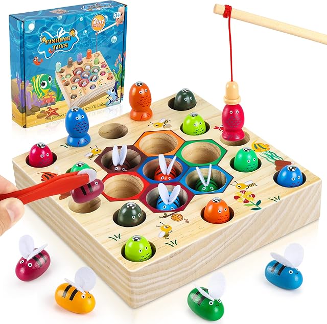 Wooden Fishing Game Toy Patent Authorized,2-in-1 Magnetic Puzzle and Bee Board,22 Montessori and Motor Skills Educational,Suitable for Babies Birthday Gifts
