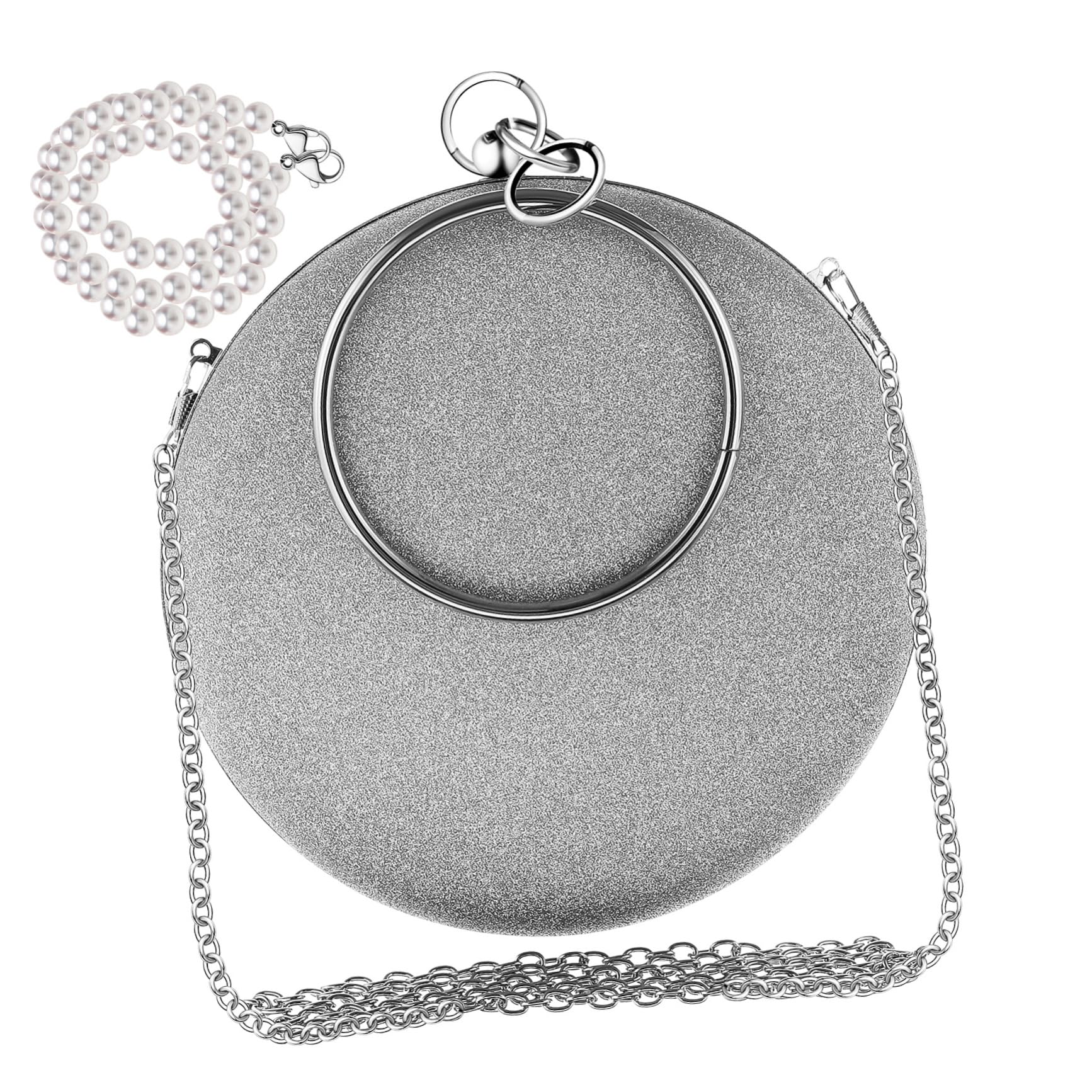 Borsa Femminile Rotonda Color Argento con Catena di Perline e Cinturino per Cerimonia o Festa Raffinata