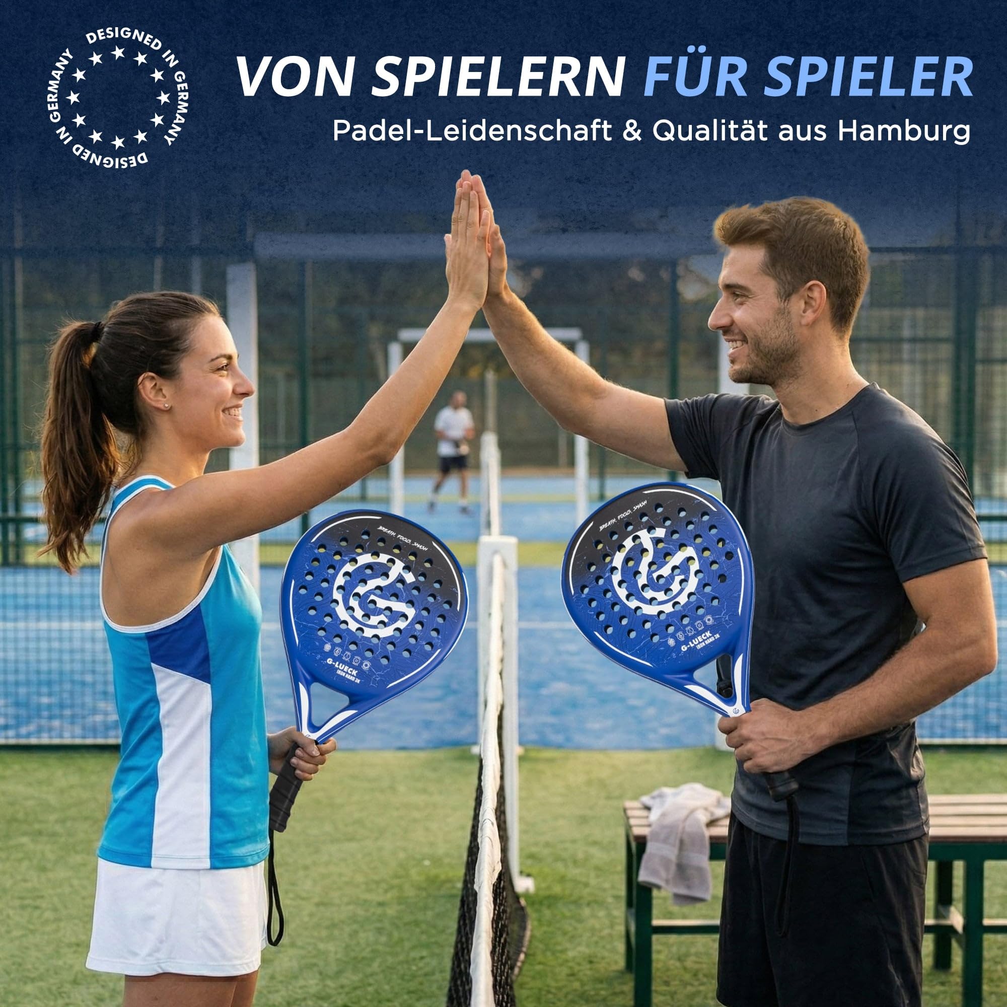 Raquette de Padel Iron Hand 3K Carbone – Forme Ronde, Contrôle et Puissance – Cadre en Carbone Renforcé – pour Débutants et Joueurs Confirmés – Bleue, Housse Incluse