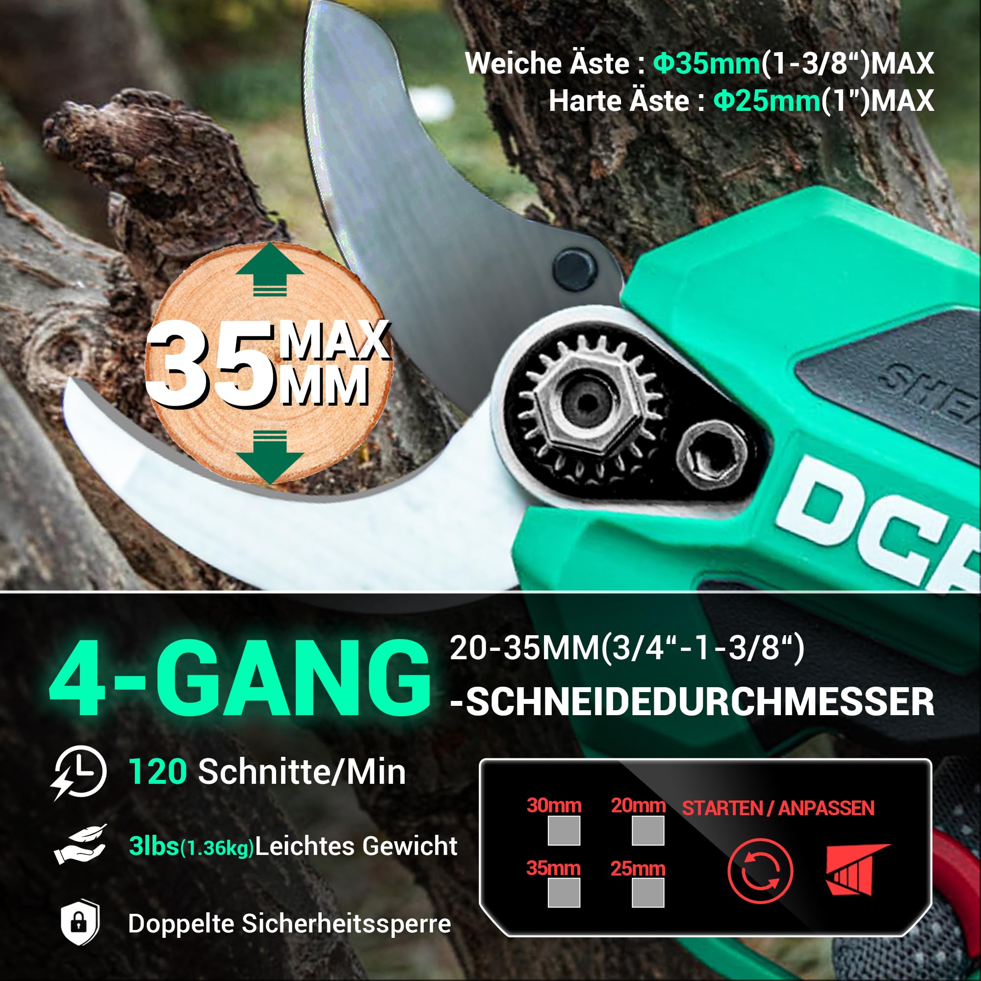 DCA Akku Astschere 20V Bürstenlose, Max 35mm Elektrische Gartenschere mit 2.0Ah Akku und Ladegerät, Professionelle Elektro-Baumschere mit Portable Safety Sleeve für Zweige, Sträucher, Stämme