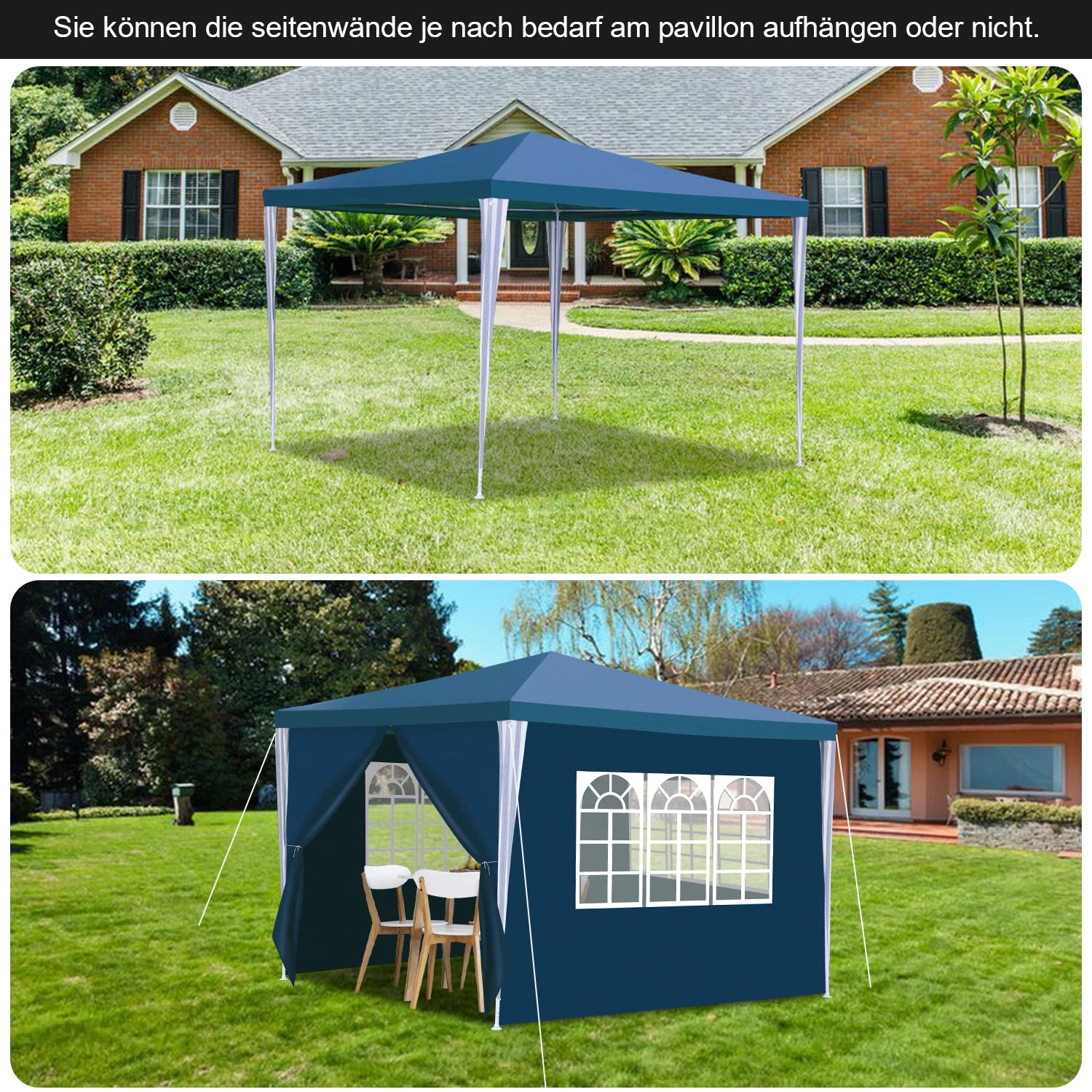 Daromigo Tonnelle de jardin 3 x 3 m, étanche, avec parois latérales amovibles et grandes fenêtres, protection UV pour extérieur, jardin, fête, camping, bleu