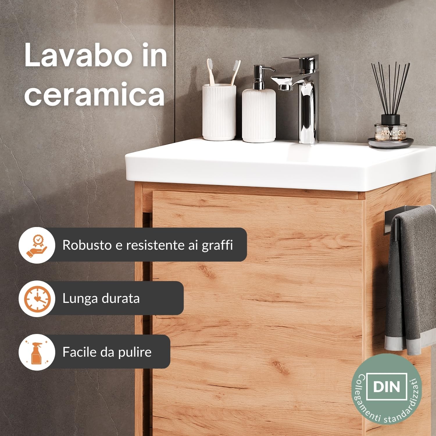 Planetmöbel lavabo con mobiletto 50 cm, mobile lavabo sospeso, chiusura ammortizzata, set di mobili da bagno, rovere oro