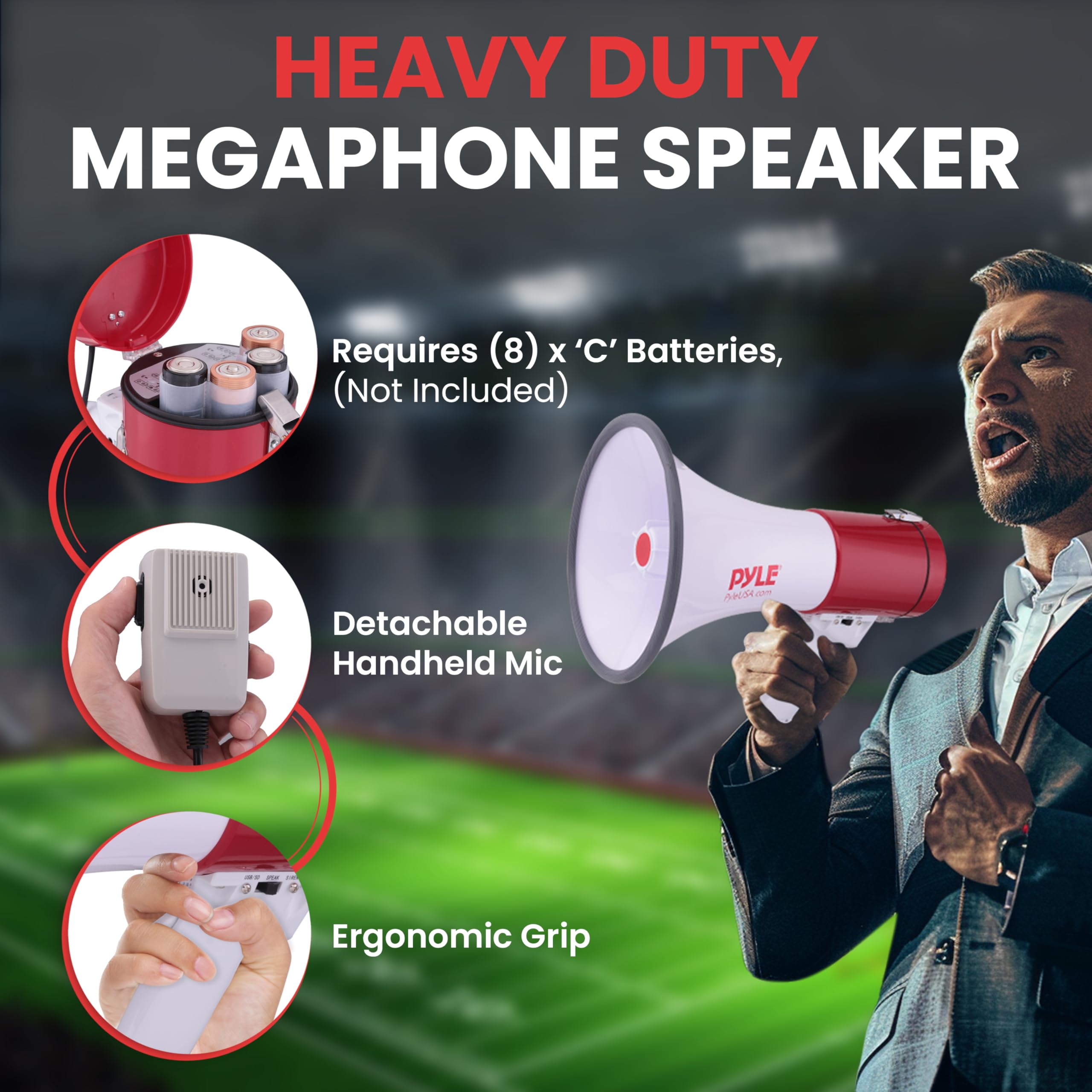 Portable Megaphone Speaker PA Bullhorn - Built-in Siren, 50W Adjustable Volume Control & 1200 Yard Range - Ideal for Any Outdoor Sports, Cheerleading Fans & Coaches or for Safety Drills - Pyle PMP52BT