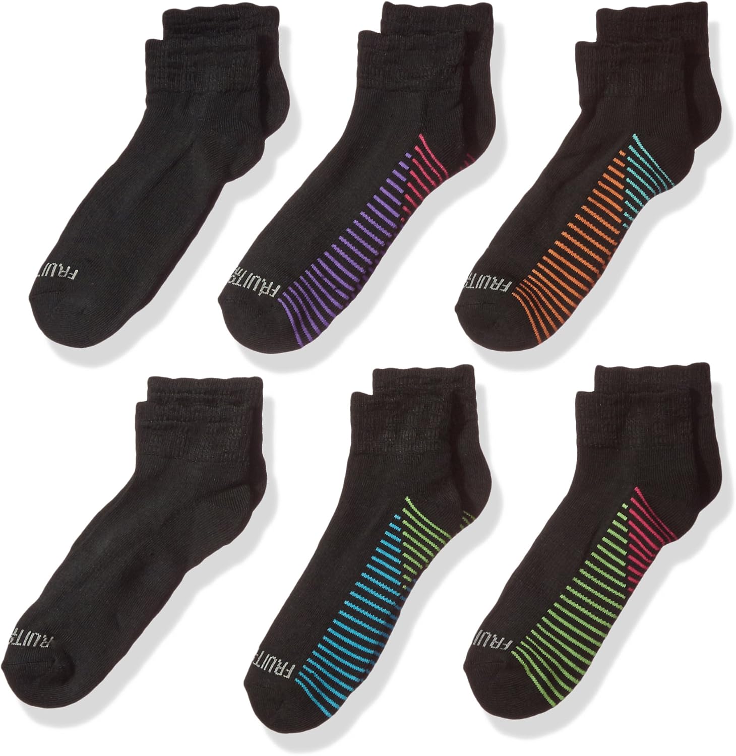 Fruit of the Loom Girls' Big 6 Pack Core Ankle Socks, Black/Orange/Caviar/Blue/Purple/Green, Shoe Size: 10.5-4: Clothing, Shoes & Jewelry