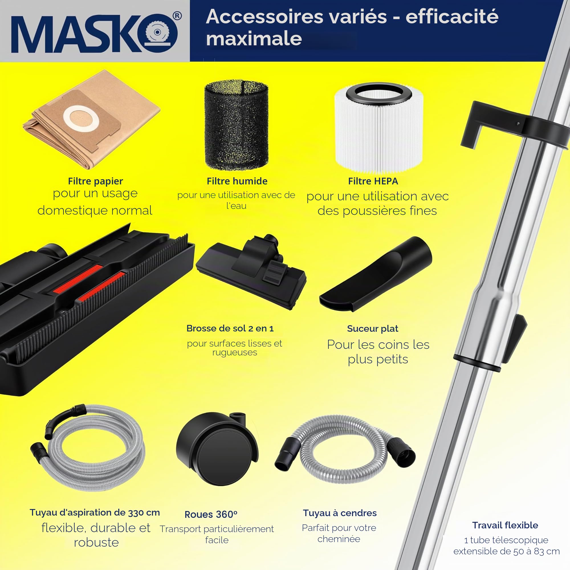 Masko Aspirateur Industriel 6IN1 2300 W Eau et Poussière Soufflage Sec Humide
