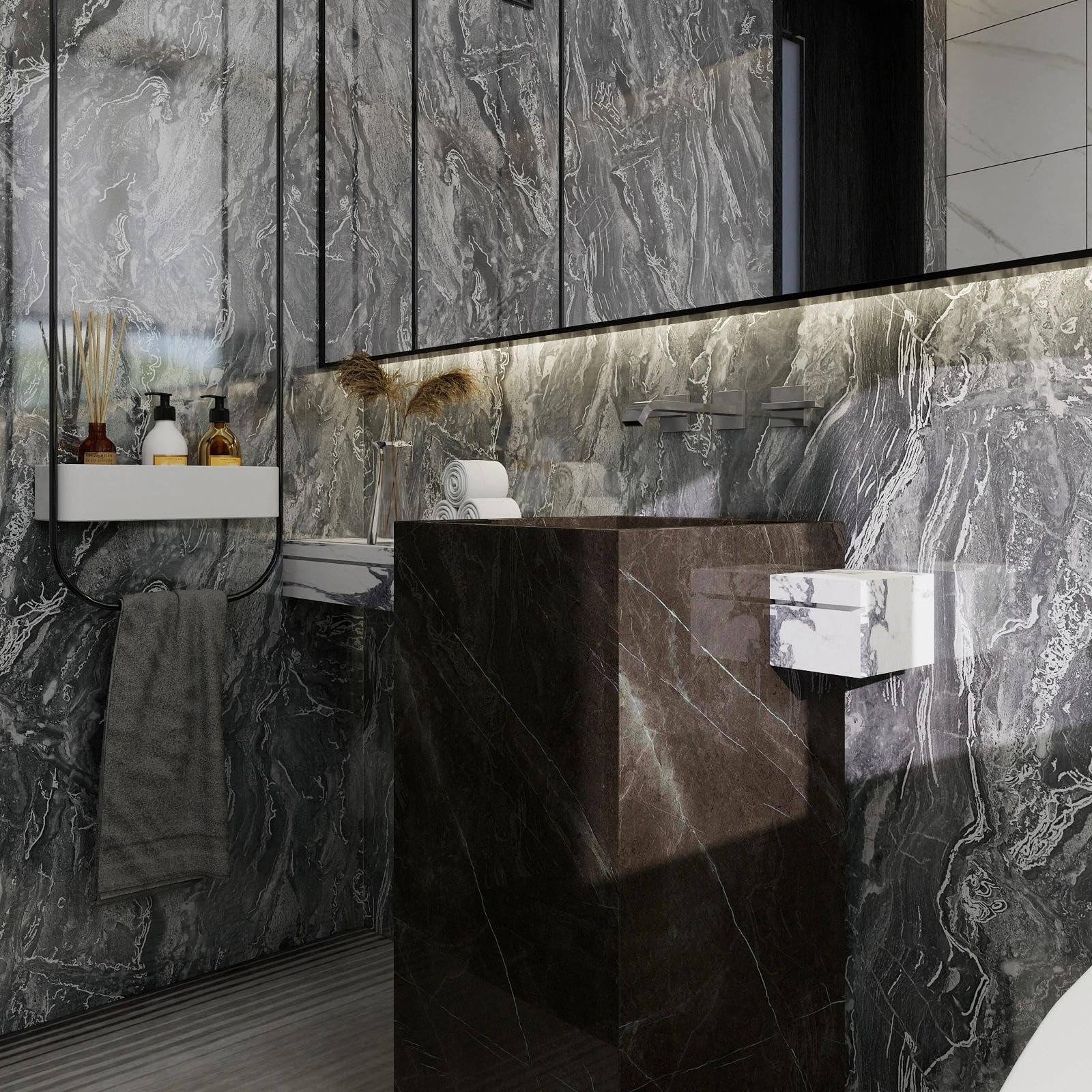 wishFIRE Papier Peint Adhesif Mural Marbre Gris Argent (40x500cm) – Aspect Marbre Épais Autocollant & Imperméable, Feuille Vinyle Brillant Haute Pour Cuisine & Meubles