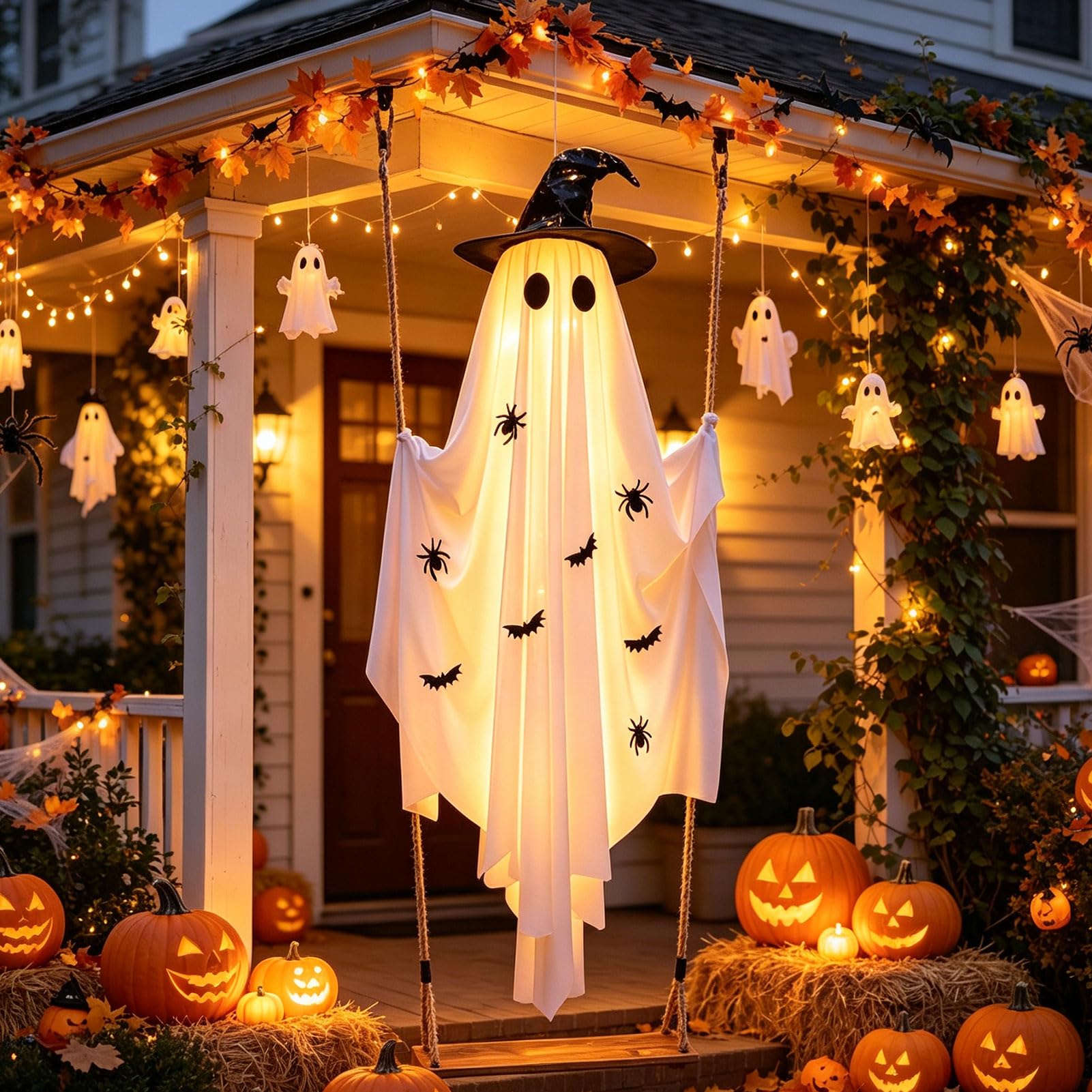 Halloween Deko Geist mit Kürbis Eimer,1.5M Halloween Deko Hängender Geister mit 8 Lichtmodi & Fernbedienung,Gespenster Halloweendeko,Gruselige Windsack für Außen Innen Garten Terrasse Party (D)