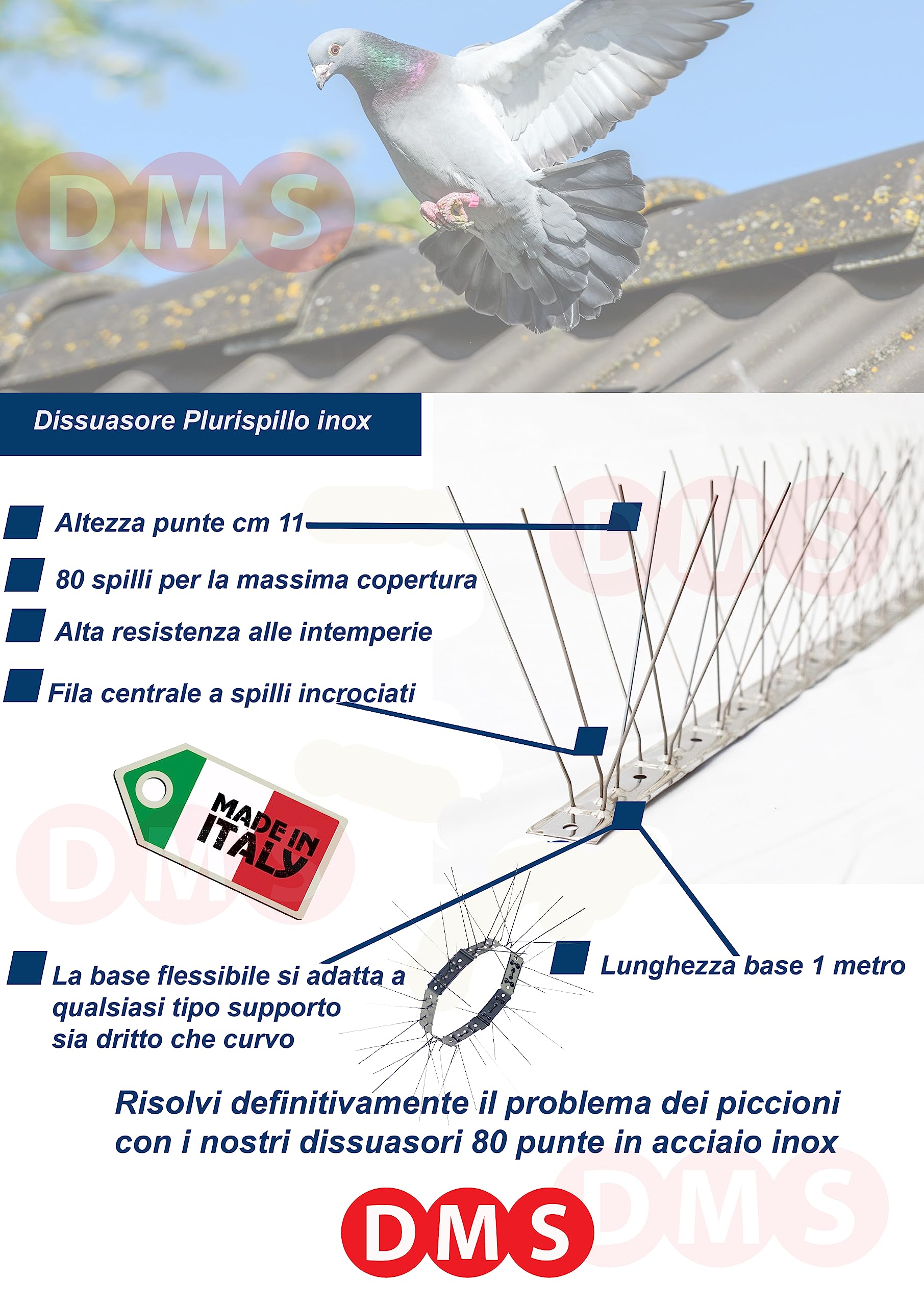 DMS- Kit 25 Metri DISSUASORI ACCIAO Inox Anti PICCIONI- 25 PZ da 1 MT CAD - Base Flessibile - ALTISSIMA Resistenza- Made in Italy