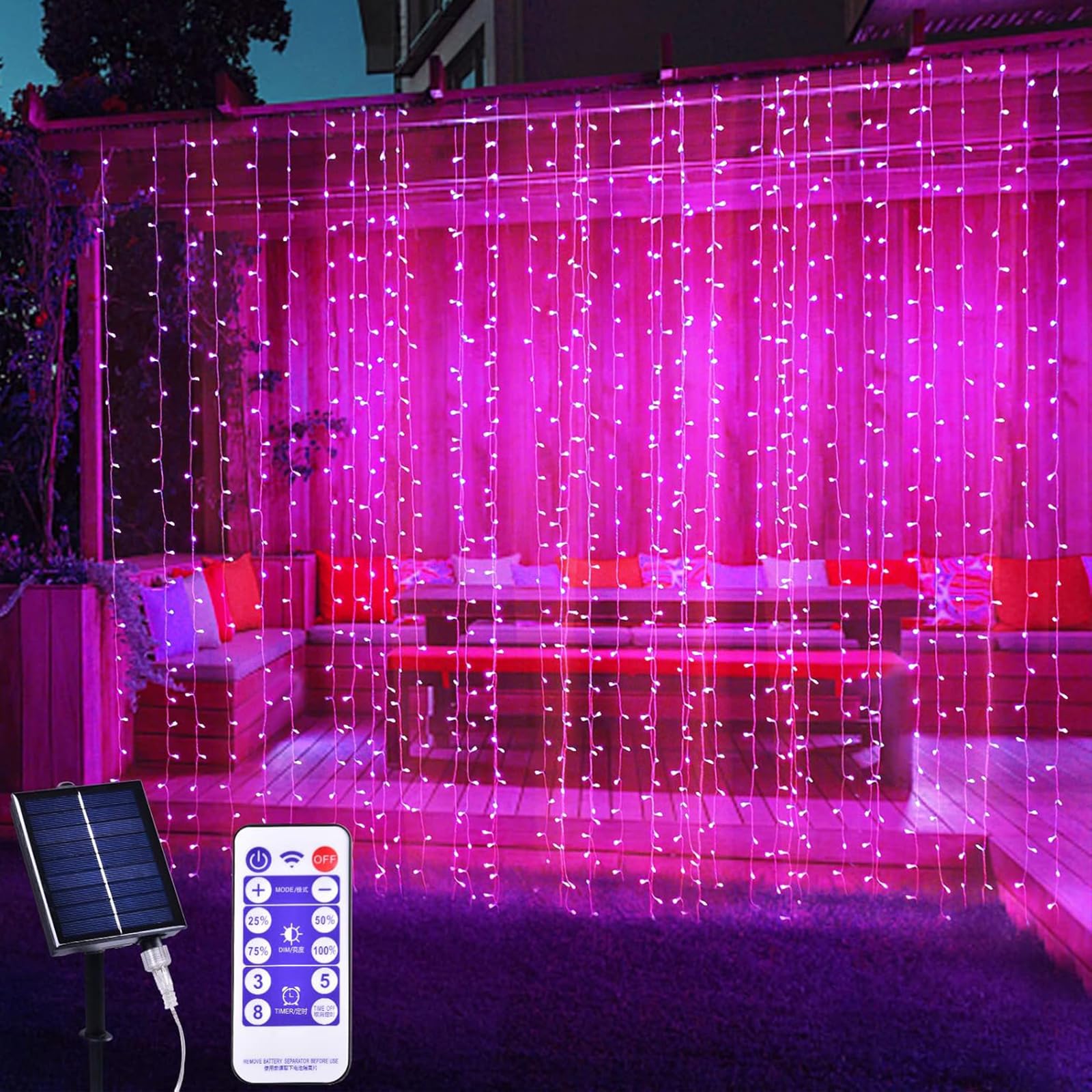 XINXIANLIAN 300LED Solar Curtain Lights Outdoor Indoor 8 Modes Solar Fairy Curtain String Lights Waterproof Twinkle Lights for Home Garden Patio Gazebo(): Pink