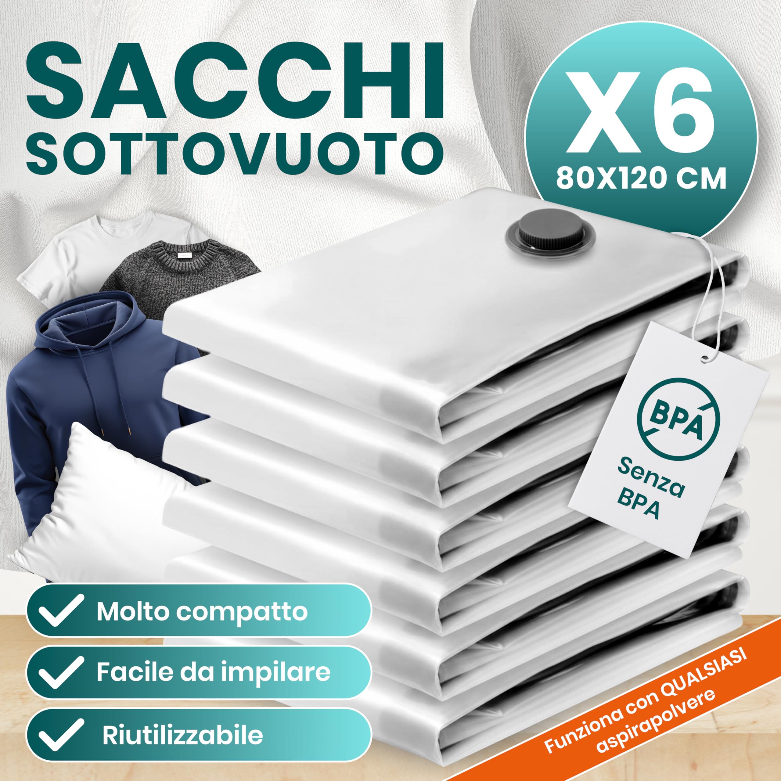 myHodo Sacchetti Sottovuoto XXL (6 Pezzi, 80x120 cm) – Extra Grandi Buste Salvaspazio Riutilizzabili per Piumoni, Coperte, Vestiti e Tessuti Voluminosi, Sacchi Durevoli con Doppia Chiusura Ermetica