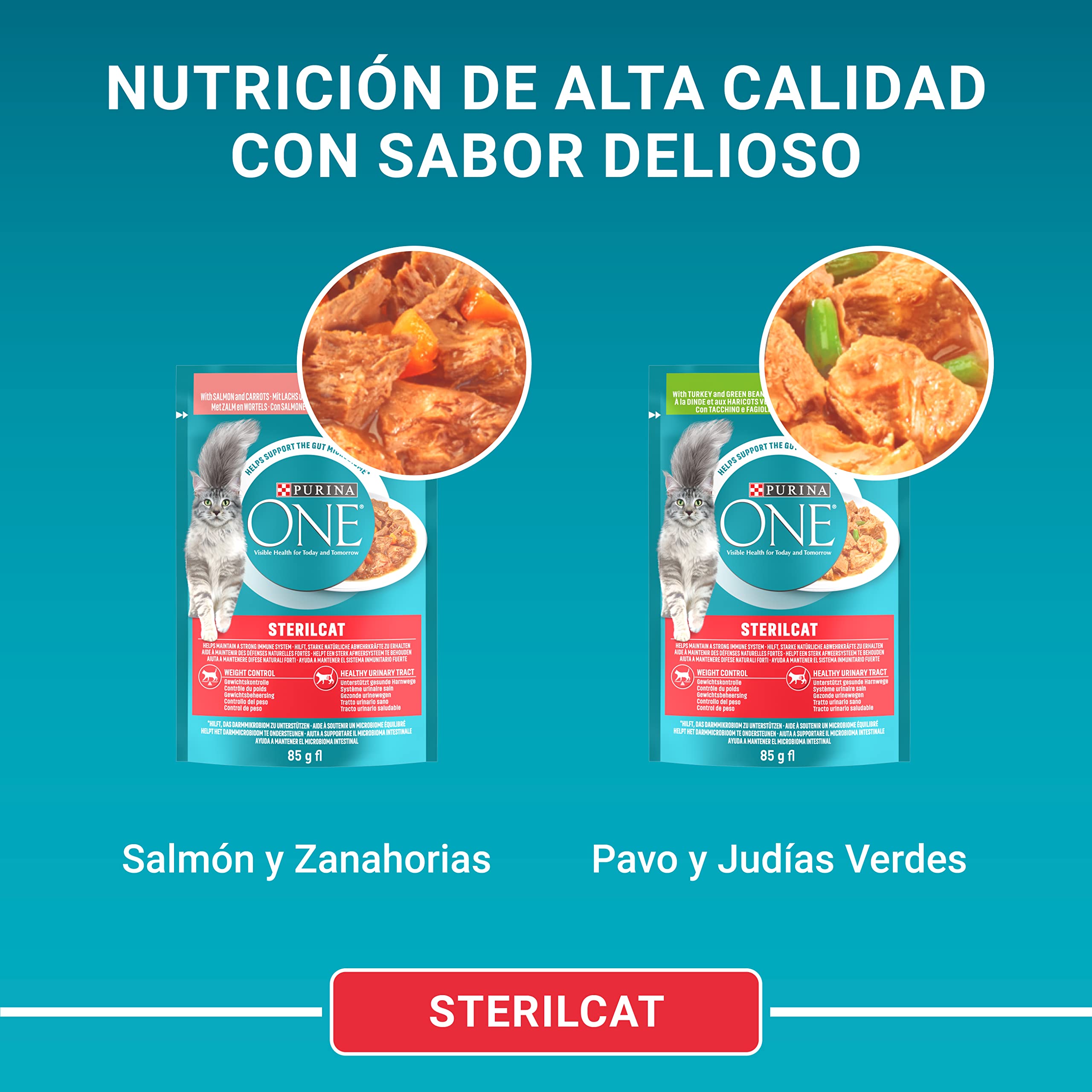 PURINA ONE Sterilcat, Comida Húmeda para Gato Esterilizado Adulto, Trocitos en Salsa, Surtido de Salmón y Pavo, 12 Packs de 4 Sobres de 85 g. (48 sobres)