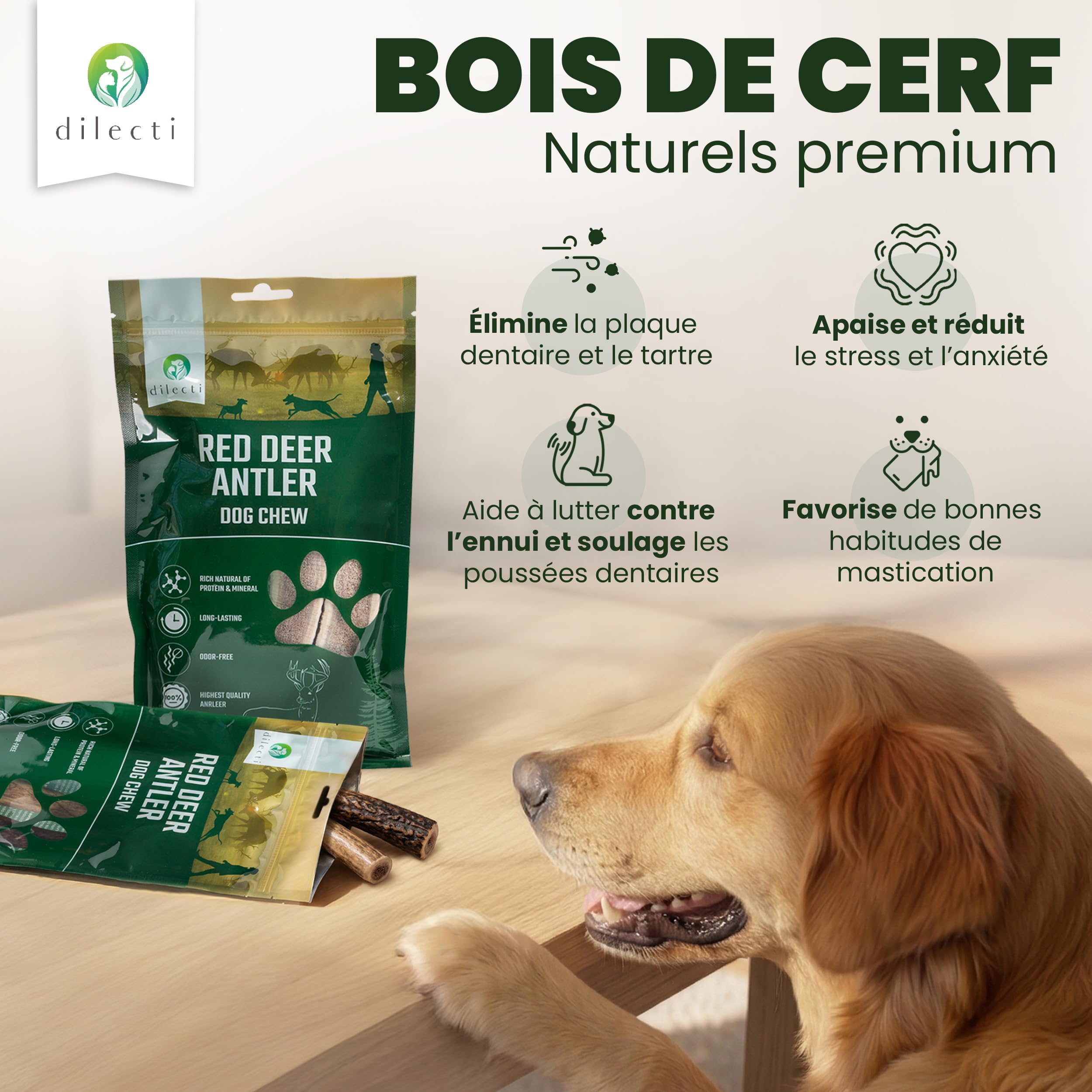 Bois de Cerf à Mâcher - Os à Ronger Longue Durée pour Chien, Jouet d'Occupation Résistant et Friandises pour Chien - Fendu S, Paquet de 3