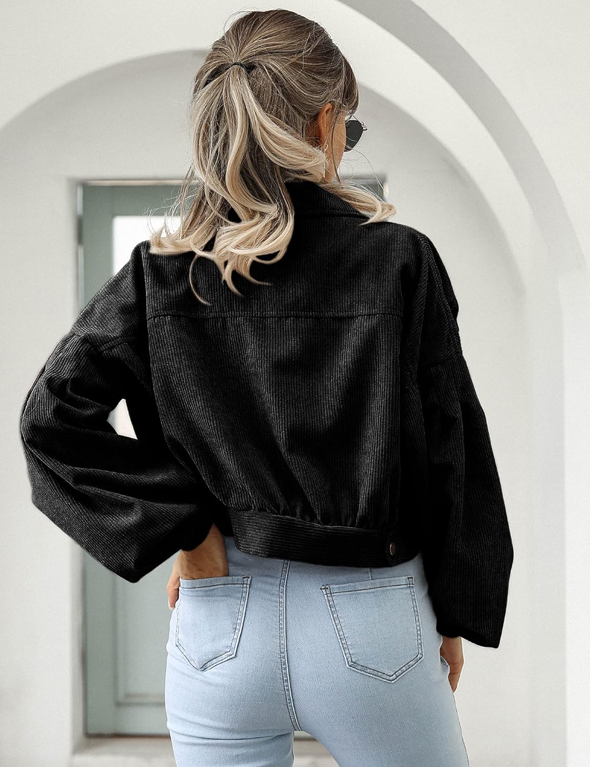 Qiaomai Womens Cropped Corduroy Jacket Loose Button Down Puff Sleeve Shacket Coat - Image 5