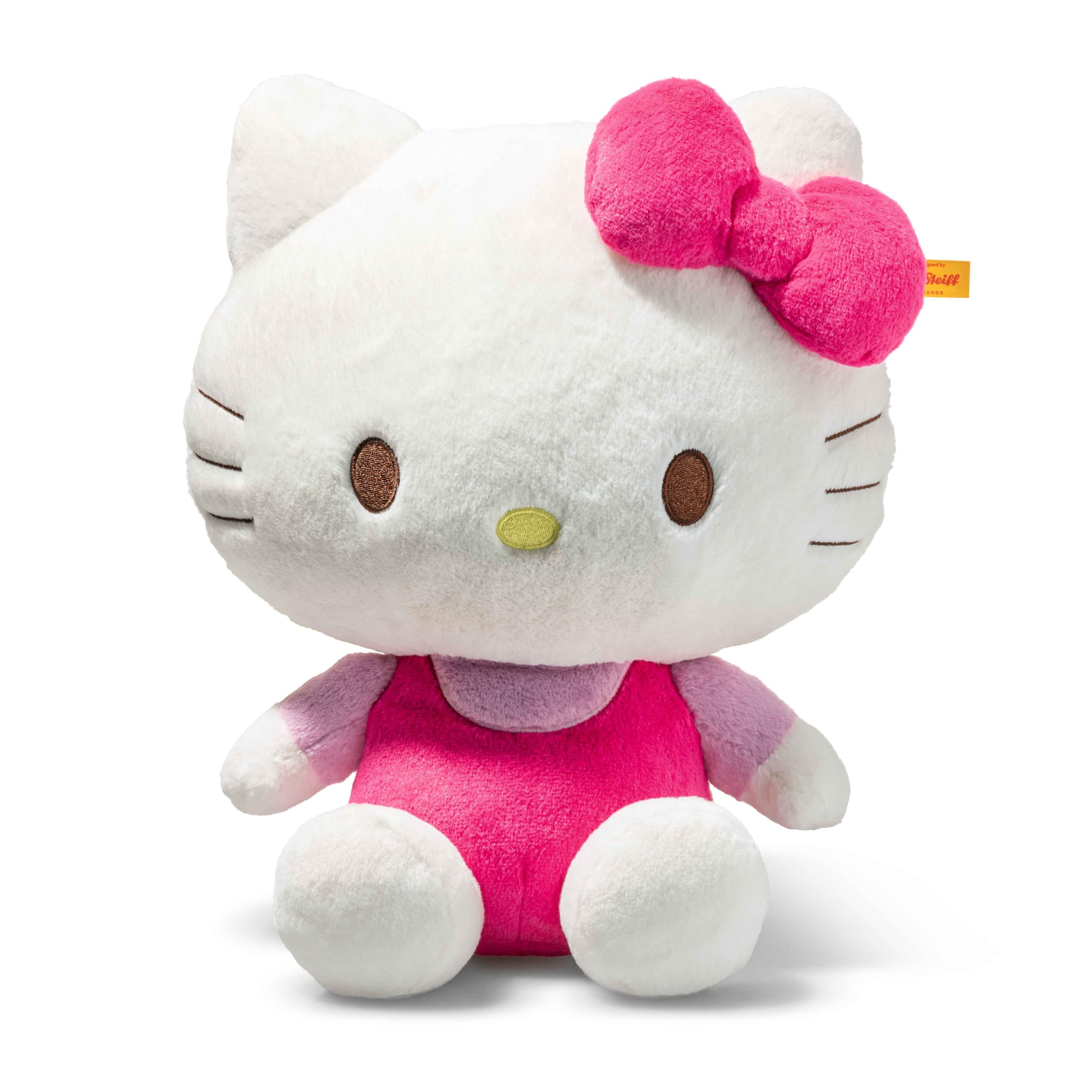 Steiff Peluche de Hello Kitty de 30 cm, Color Blanco con Traje Rosa, Gran Peluche para acurrucarse, para niños y coleccionistas, Lavable a máquina