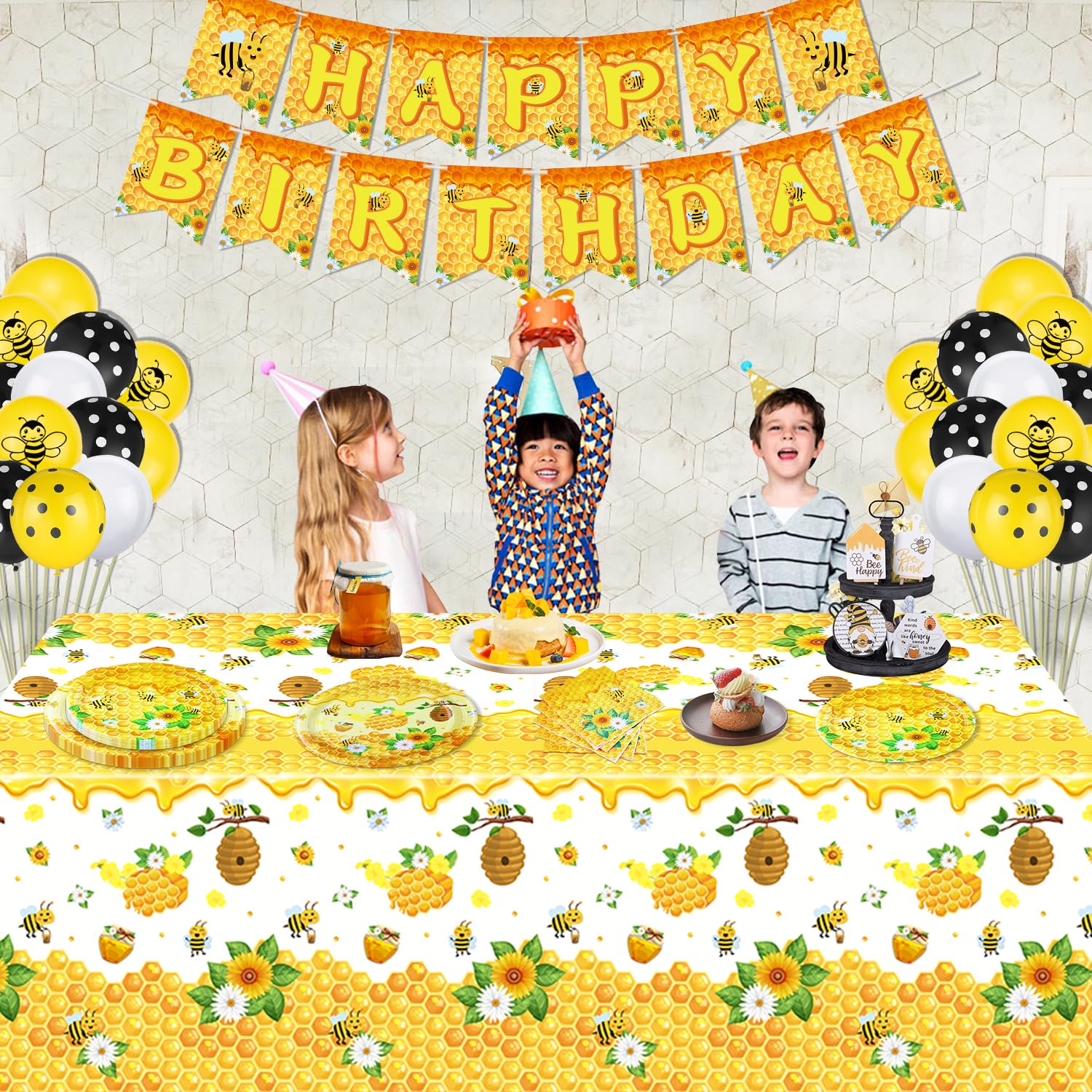 Set Festa Ape - 61 Pezzi | Piatti, Tovaglioli E Tovaglia | Tema Api Per Compleanni Bambini - Foto 1