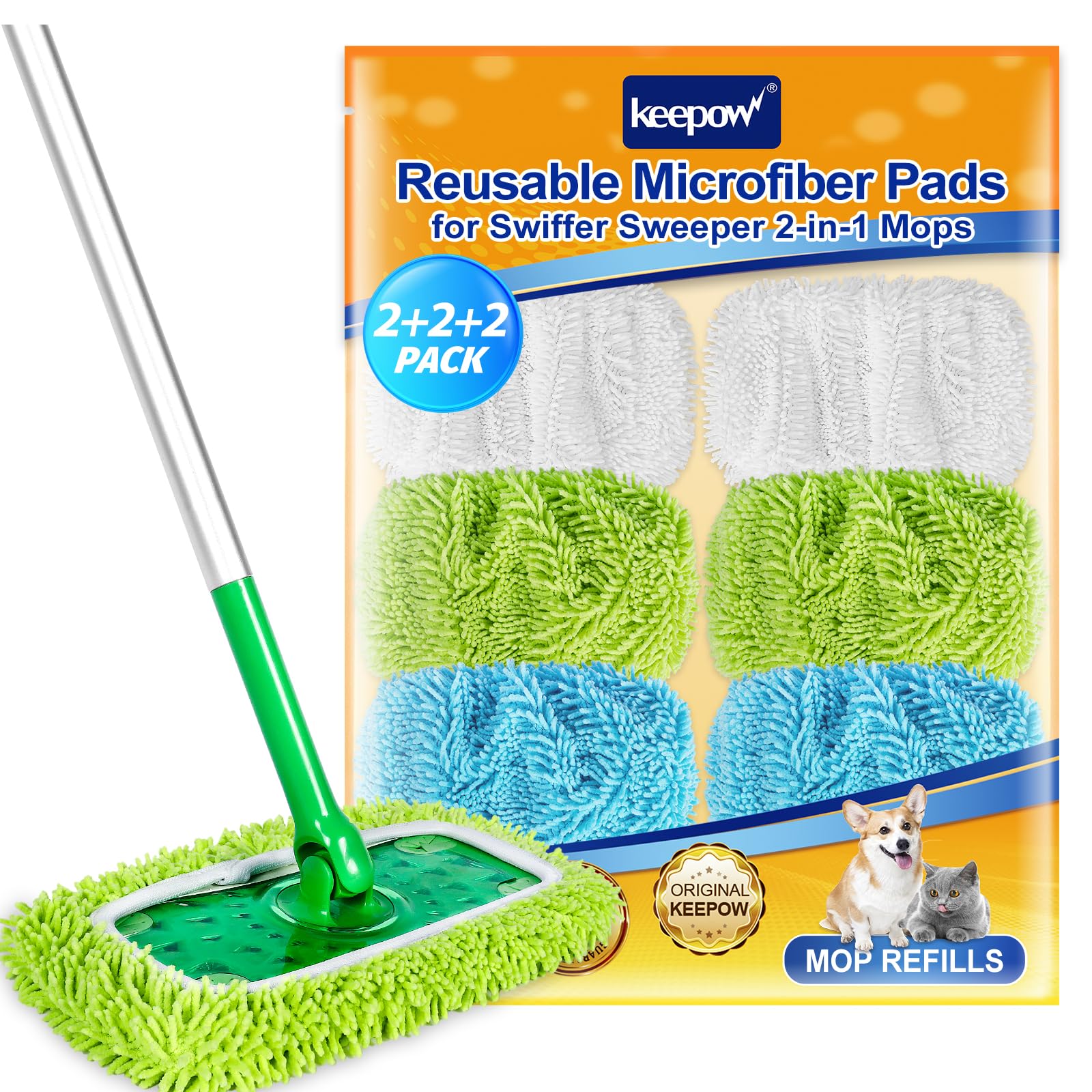 KEEPOW Reusable Microfiber Mop Pads Compatible with Swiffer Sweeper, Dry Sweeping Cloths, Washable Wet Mopping Cloth Refills for Hardwood Floor
