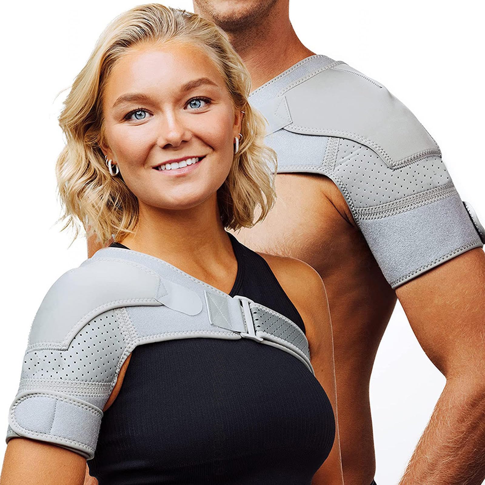 NIBHZ Tutore per La Spalla per Uomo Donna, Impacco di Ghiaccio per La Spalla, Supporto per La Spalla Avvolgere La Manica del Tutore, Cuscinetto Freddo o Riscaldante per Cuffia,Grey-L