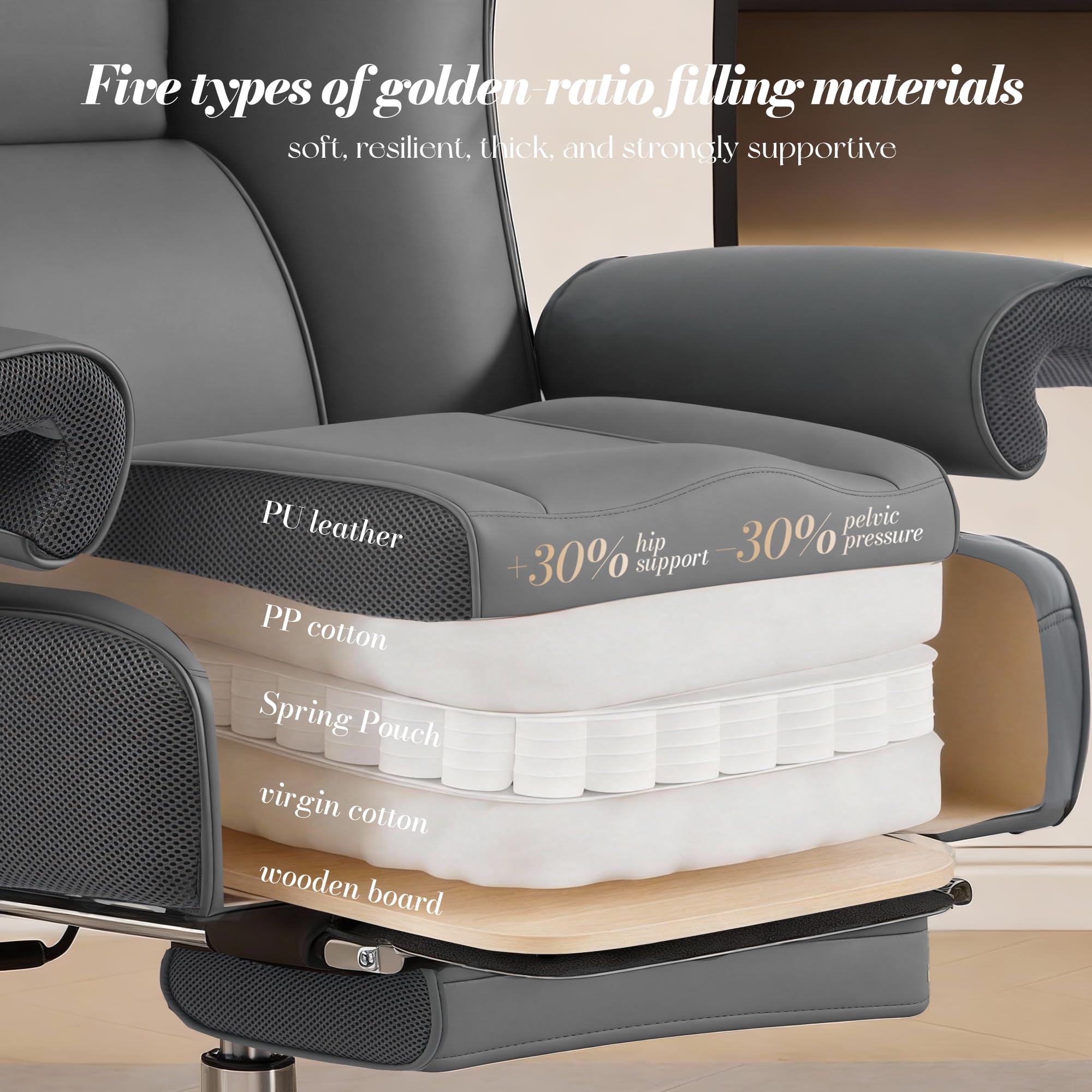 Efomao Bürostuhl, Executivesessel PU-Leder mit Integrierter Lendenwirbelstütze, Ergonomischer Chefsessel bis 200kg mit Ausziehbarer Fußstütze für Home Office, Höhenverstellbar