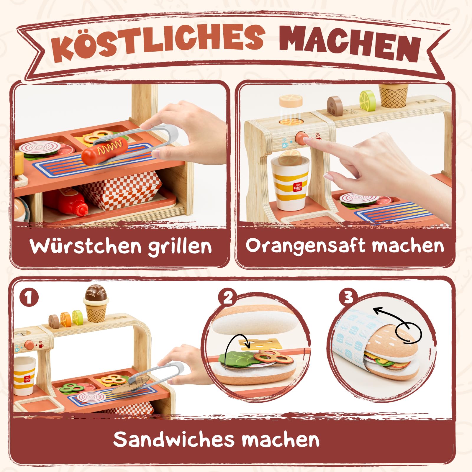Lehoo Castle Kinderküche Zubehör, kaufladen Zubehör Holz, Kaufmannsladen Zubehör, Spielen Sie Hamburger Shop, Mädchen Geschenke 3 Jahre, Spielküche Zubehör Spielzeug ab 3 Jahre