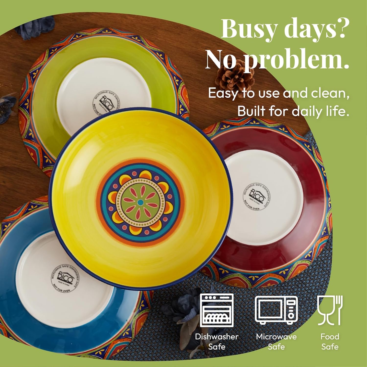 Bico Tunisian Pasta Bowls, 35oz Salad Bowl Set of 4, Large Ceramic Serving Dinner Bowls for Soup and Cereal, Microwave and Dishwasher Safe, Gift for Housewarming and Thanksgiving - Image 4