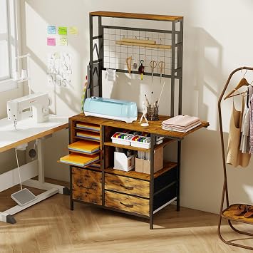 ARTETHYS Craft Organizers and Storage Cabinet Brown Craft Table with Drawer Sewing Table with Fold Out Craft Desk for Vinyl Roll Holder for Craft Room
