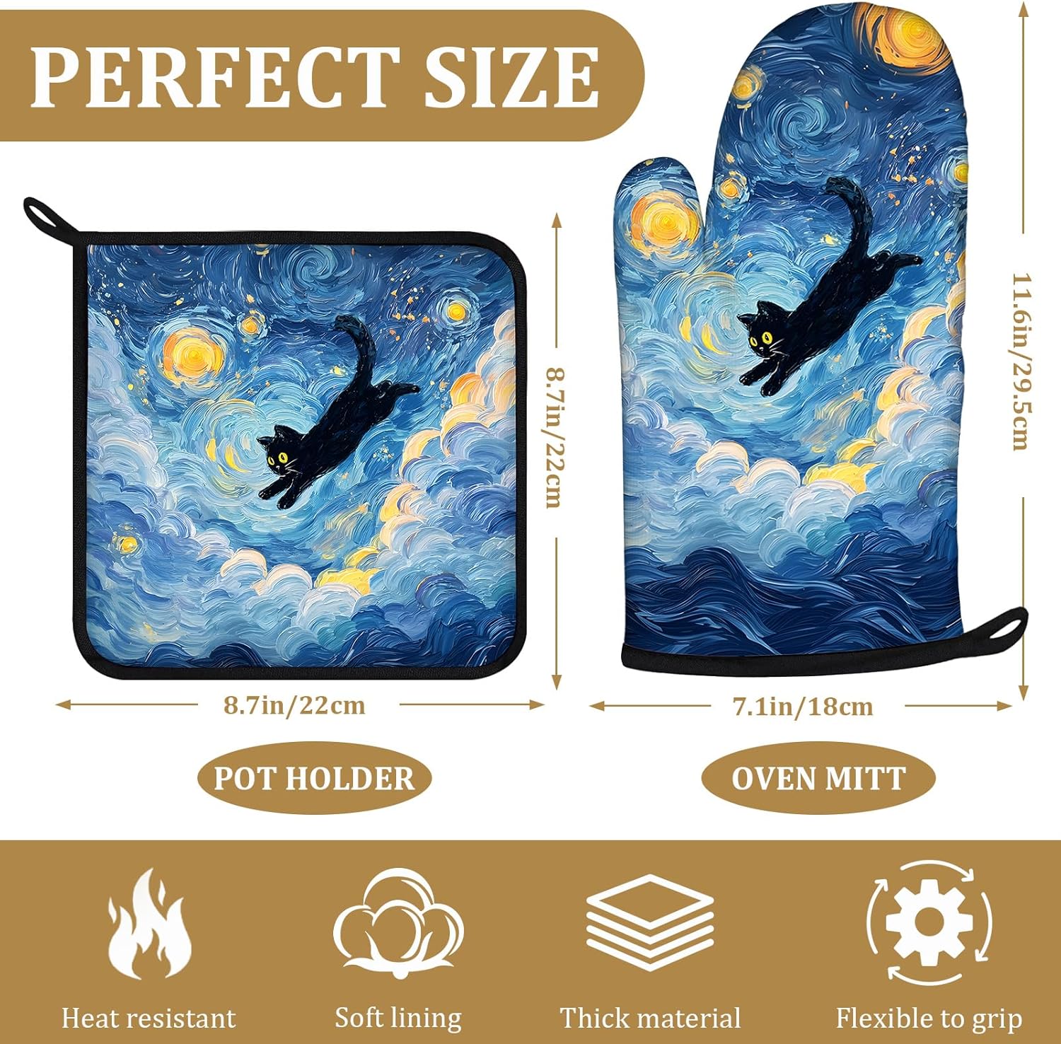 Cute Starry Sky Black Cat Oven Mitts and Pot Holders Sets 4Pcs Animal Silicone Kitchen Gloves Heat Resistant Potholders for Baking Cooking Grilling BBQ