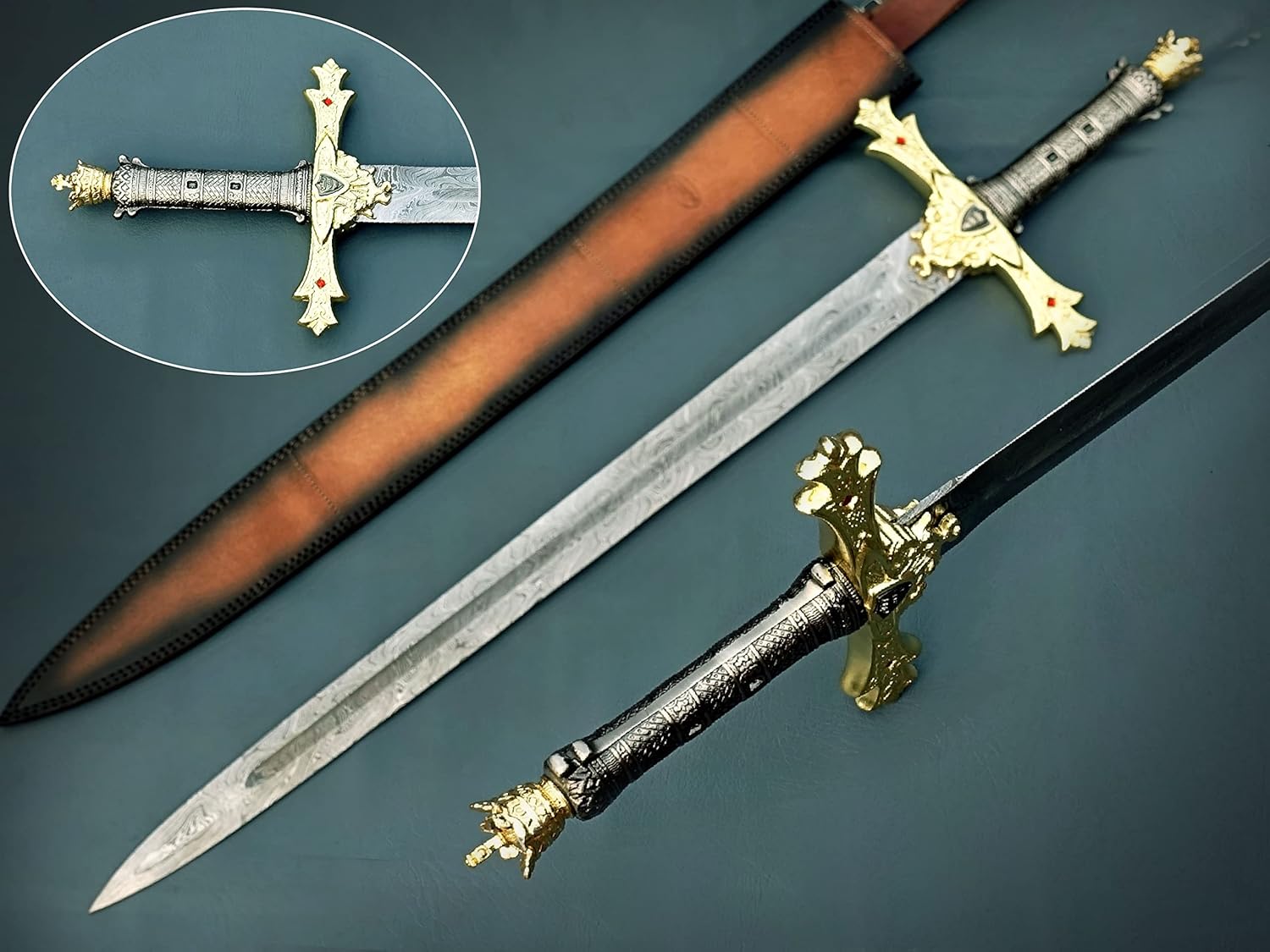 HUNTEX Exclusive Legendary Damascus Steel Medieval Crusader Excalibur Gold Replica Sword 37 Inch Long, Razor Sharp with Genuine Leather Scabbard