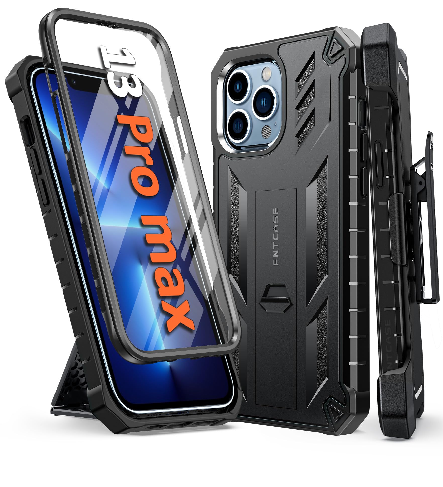 FNTCASE for iPhone 13 Pro-Max Case: Military Grade Shockproof Full Protective Rugged Cell Phone Cover with Kickstand & Belt-Clip Holster, Drop Proof