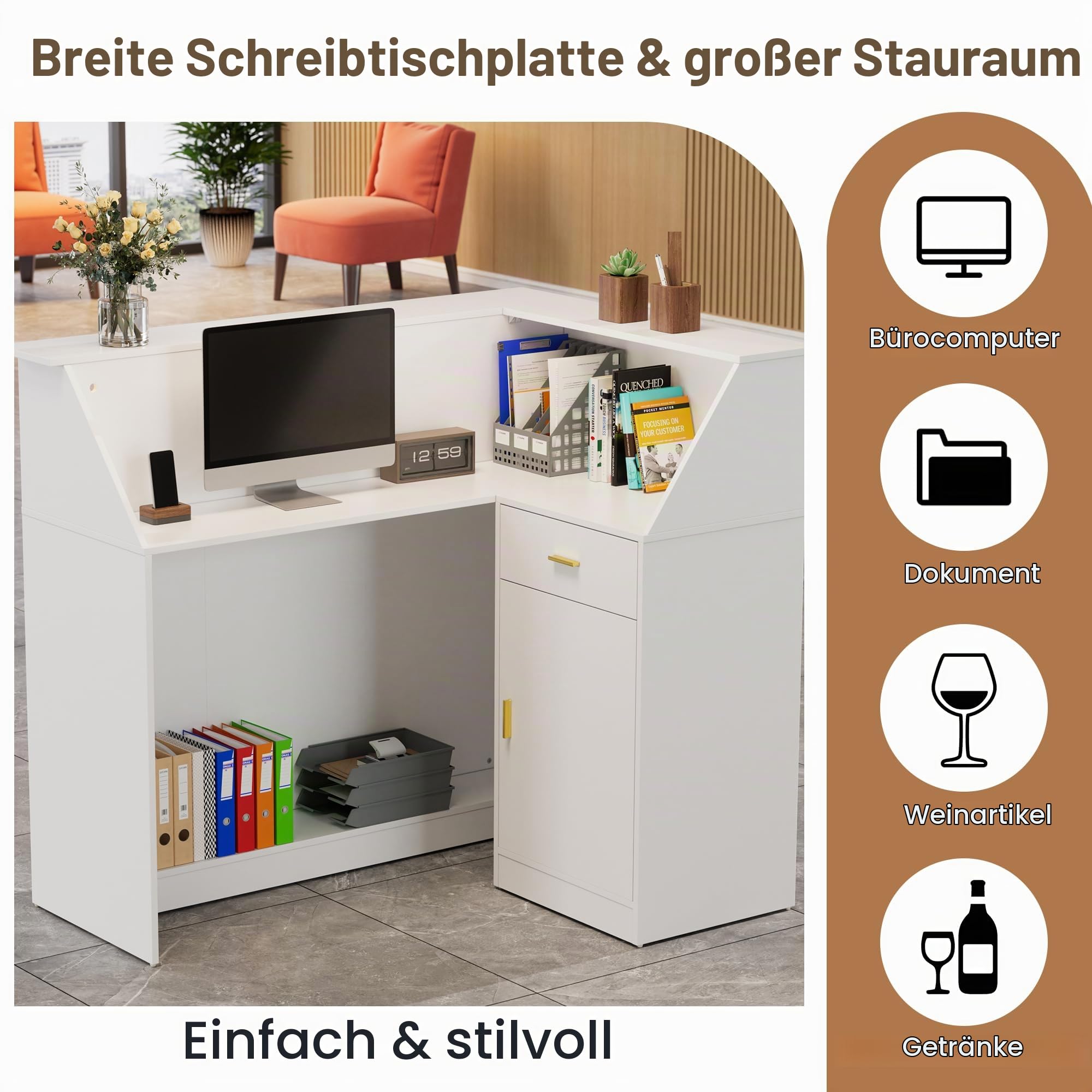 MSFE Empfangstheke mit LED, Empfangstresen Rezeptionstresen L Form mit Schubladen und Schränken, Moderner Rezeptionstheke Rezeption Tisch Verkaufstheke für Salon Geschäft Hotel,126x100x111cm (Weiß)
