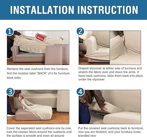 Miniatura 8 de H.VERSAILTEX Fundas elásticas de 4 piezas para sofá de 3 cojines, con tela jacquard más gruesa mejorada (sofá, natural)