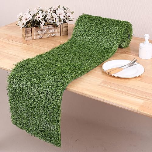 Kesfey Camino de mesa de césped artificial de 12 x 90 pulgadas, lavable, de césped sintético, grueso, recortable, alfombra de hierba, decoración de
