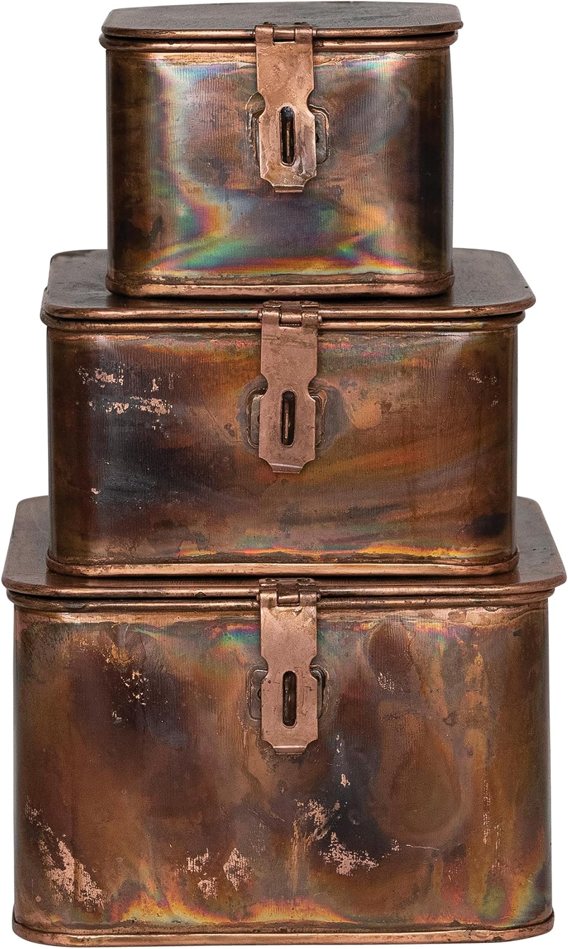 Decorative Metal Boxes with Lid, Burnt Copper Finish, Set of 3