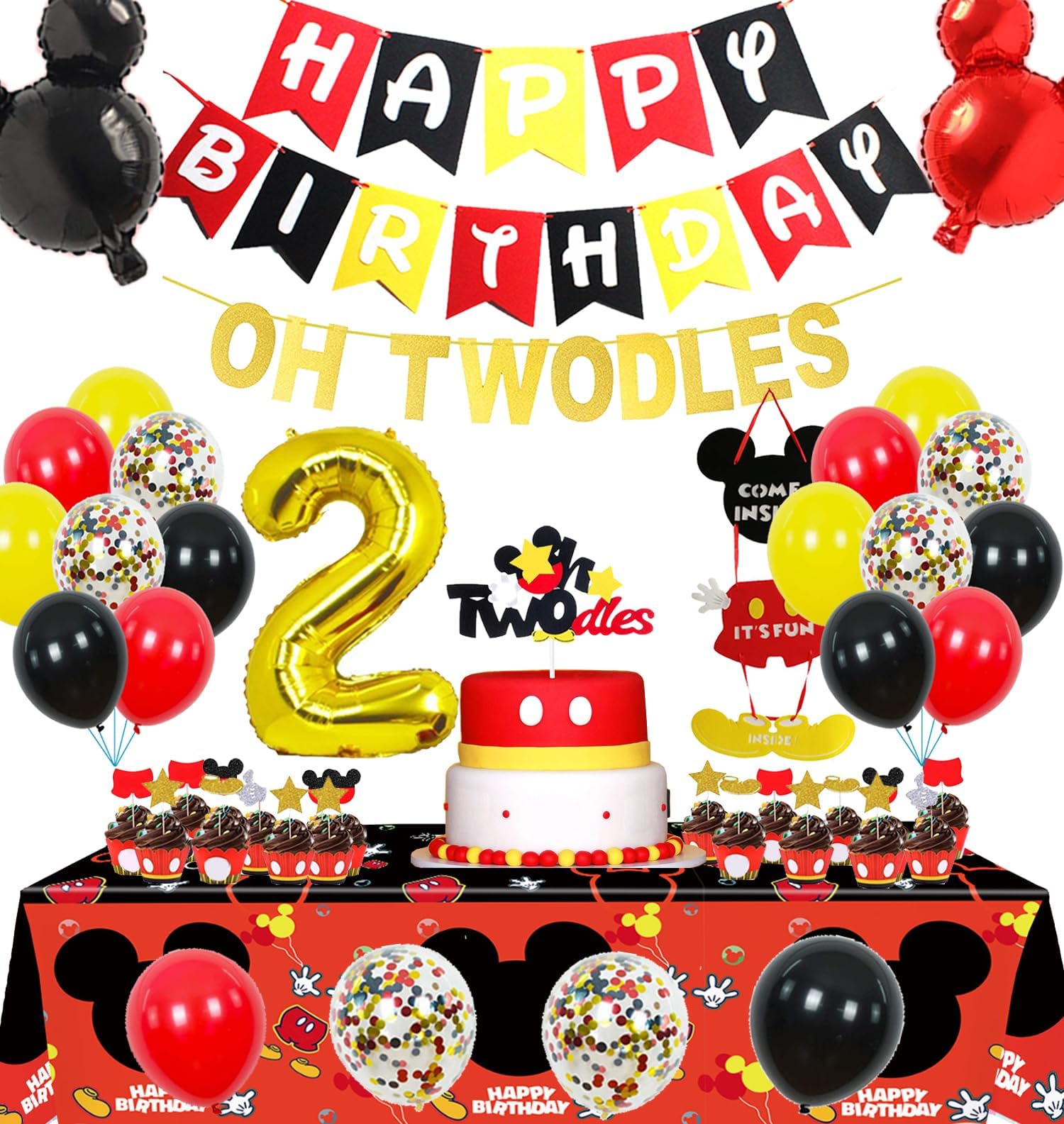 Nyhpar Cartoon 2nd Birthday Party Supplies Oh Twodles Theme Party Decorations Includes Felt Banner,Welcome Hanger Door Sign, Tablecloth,Cake Cupcake Toppers,Mouse Head Balloons, Latex Balloons