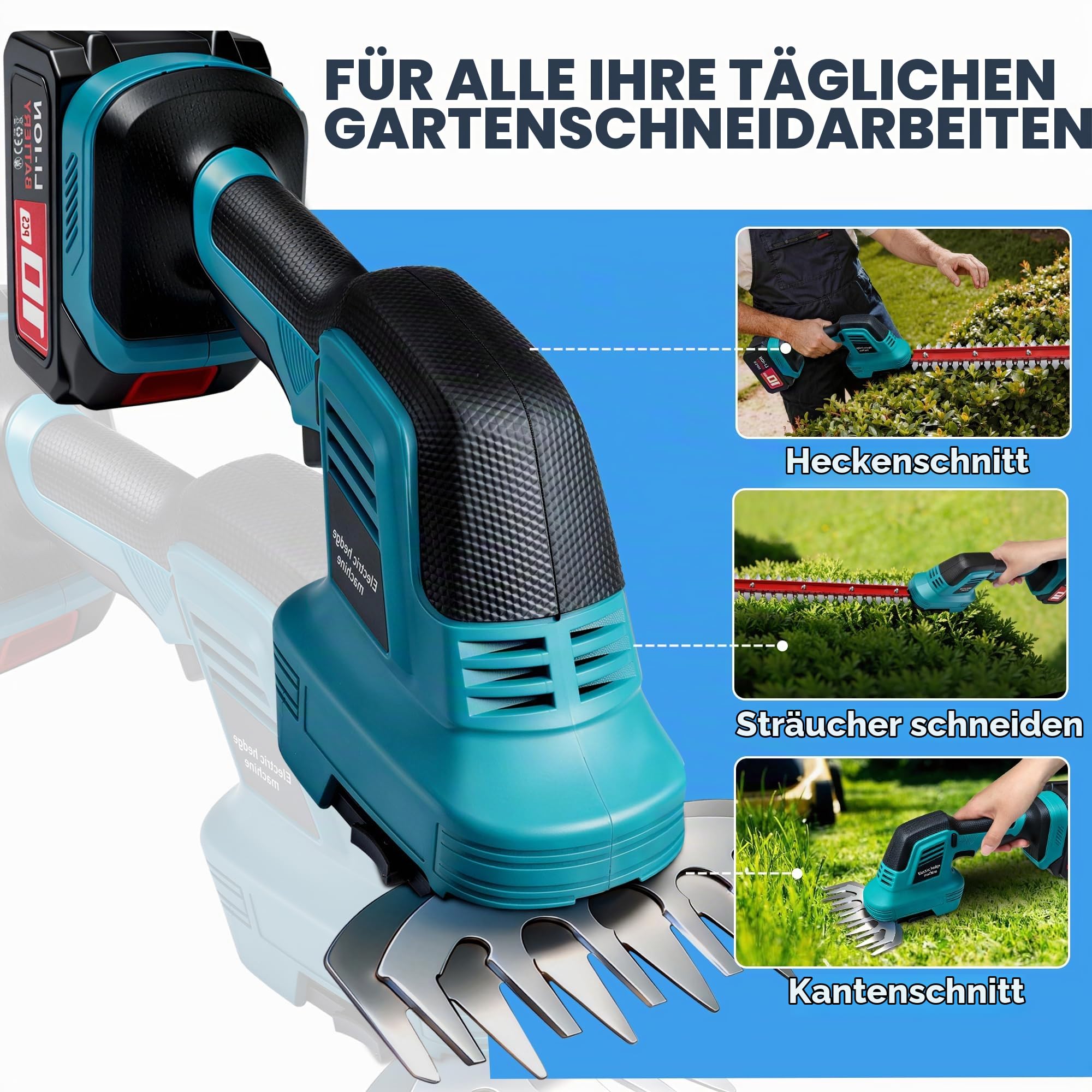 AearKing Akku Heckenschere, Handliche Grasschere und Strauchschere 21V & Ladegerät, 2 in 1 Elektrisch Gartenschere mit 35 cm Strauchschere & 15 cm Grasschere, Elektrische Heckenschere für Hecken