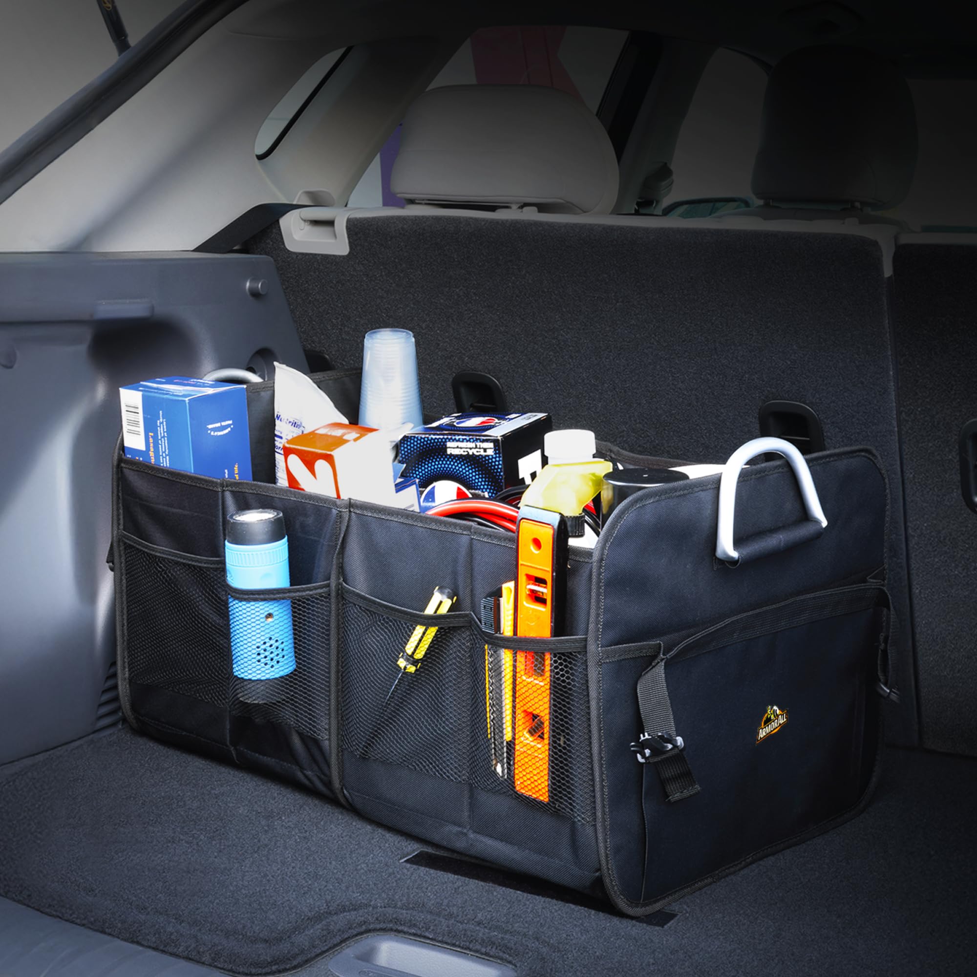 Armor All Kofferraum-Organizer für SUV und Auto, XL, robust, 8 Fächer, zusammenklappbar, wasserdicht, 2 Fächer und 6 Taschen, 61 x 37,1 x 32 cm, Aluminium-Griffe, Kompressionsschnallen