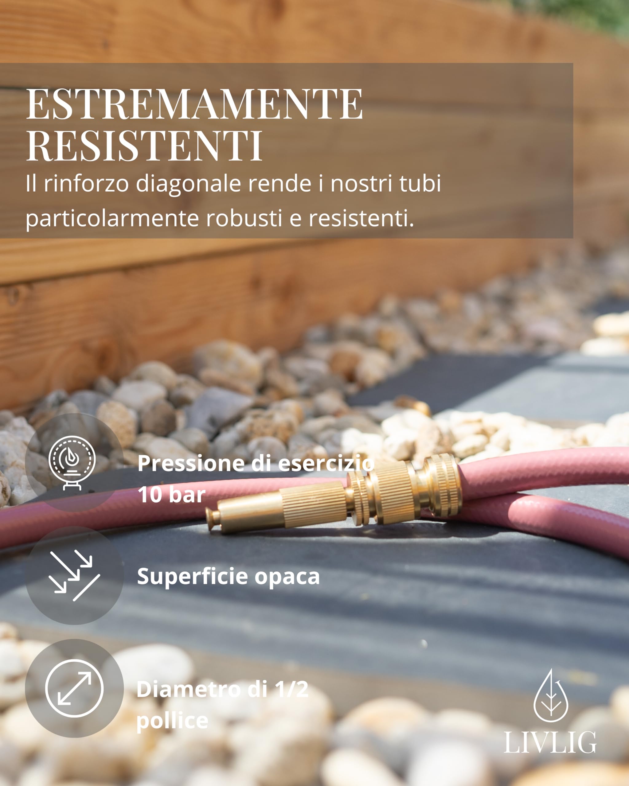 LIVLIG Tubo da Giardino 10m Design – Tubo Irrigazione Flessibile, 60% Riciclato, Resistente UV, Anti-Torsione, 1/2 Pollice, Berry
