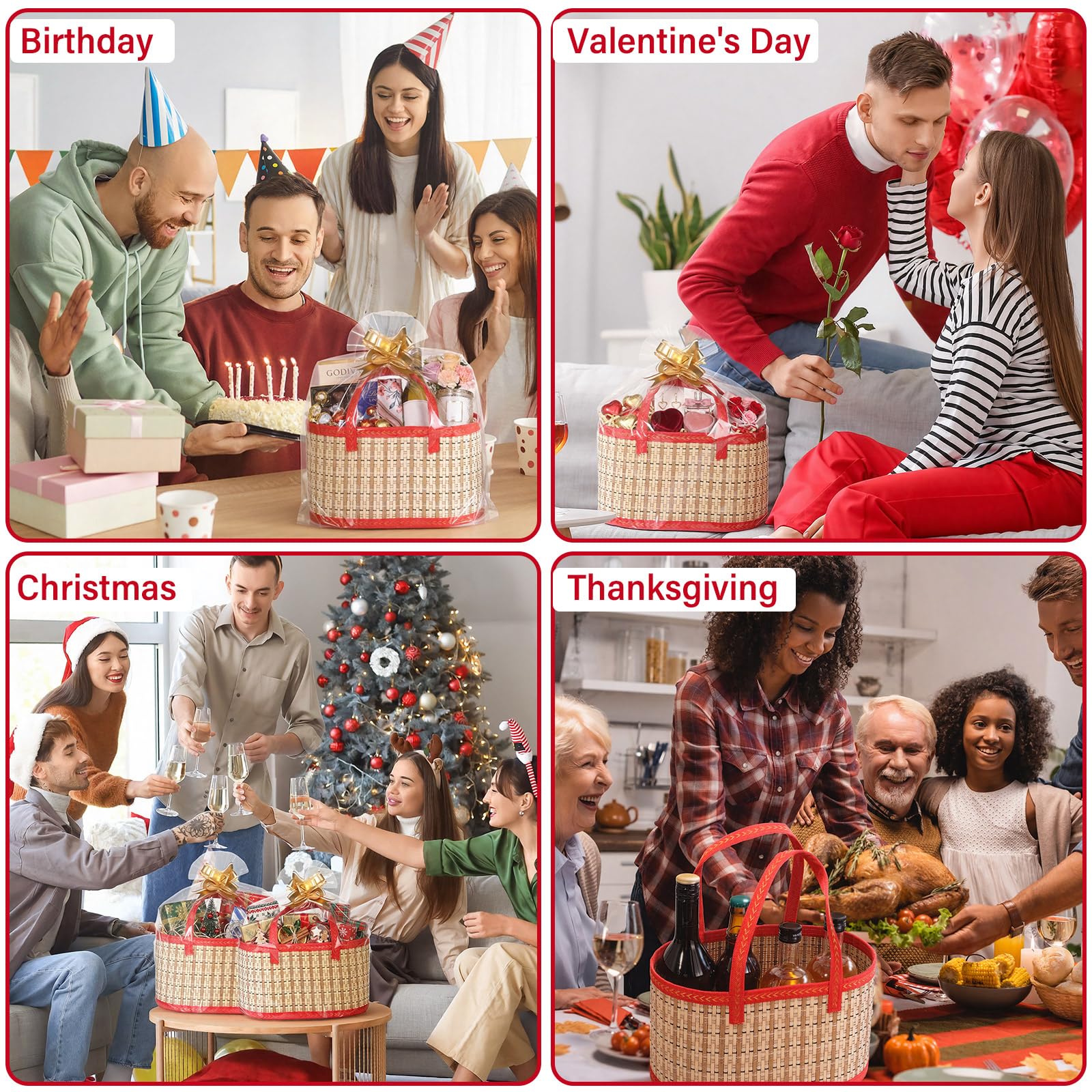 Reallnaive 1 set di cesti regalo vuoti in bambù intrecciato con sacchetti regalo trasparenti con nastro a fiori pieghevoli con manico per festa della mamma, battesimi, compleanni, feste, inaugurazione