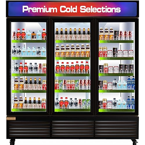 71” Wide Commercial Beverage Refrigerator Display Fridge, Three Glass Door Merchandiser Drink Cooler With LED Light Adjustable Shelves,ETL Sanitation,63.5 Cu Ft,BLACK,Wheels Not Included