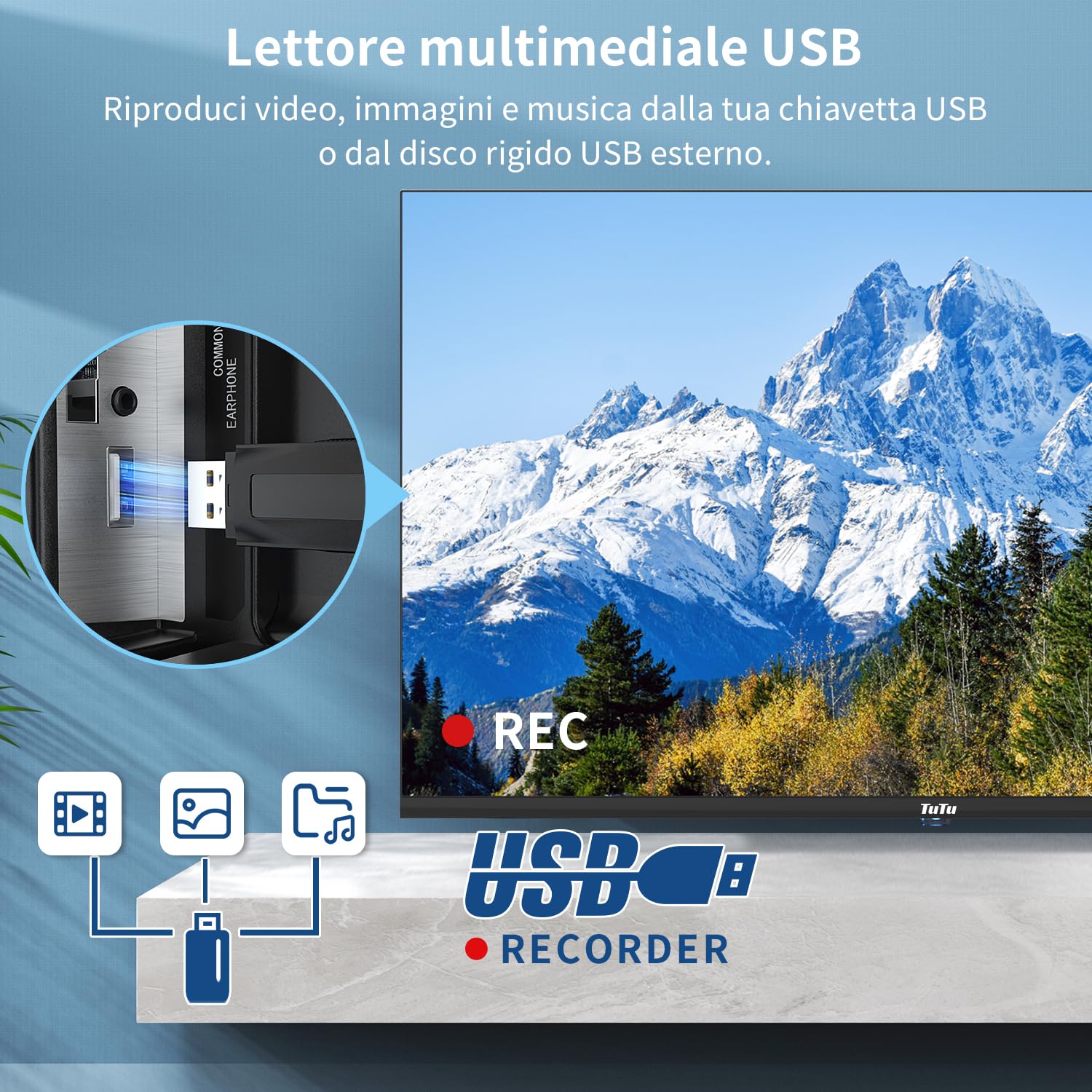 TuTu 32 Pollici(80cm) Televisori LED TV HD Ready Triplo Tuner HDMI USB-Media Player CI/CI+ Modalità hotel Senza bordo base centrale(2024)