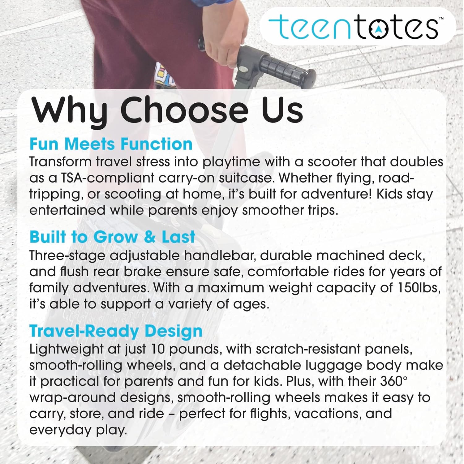 Teen Totes Detachable 4-in-1 Scooter Luggage for Kids – Ride-On Suitcase with Removable Luggage Body, Adjustable Handlebar, Durable Deck & Brake, Carry-On Size – Travel & Play - Image 8