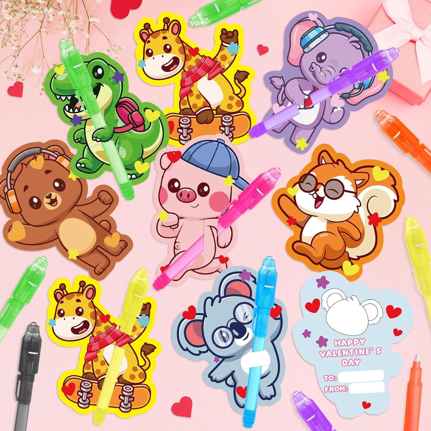 Valentines Day Gifts for Kids School, 28 Pack Valentines Invisible Ink Pens with Valentines Day Card, Magic Pen with UV Light, Kid School Class Exchange Gift Party Favors, Classroom Prizes