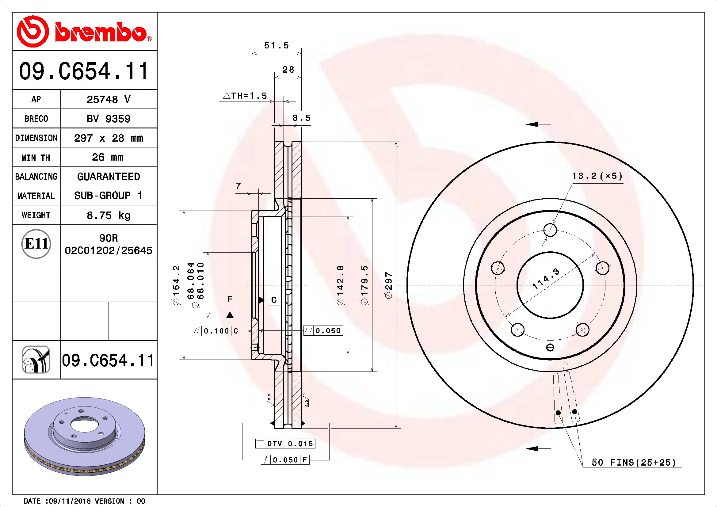 2 Disco de freno BREMBO 09.C654.11 COATED DISC LINE adecuado para MAZDA