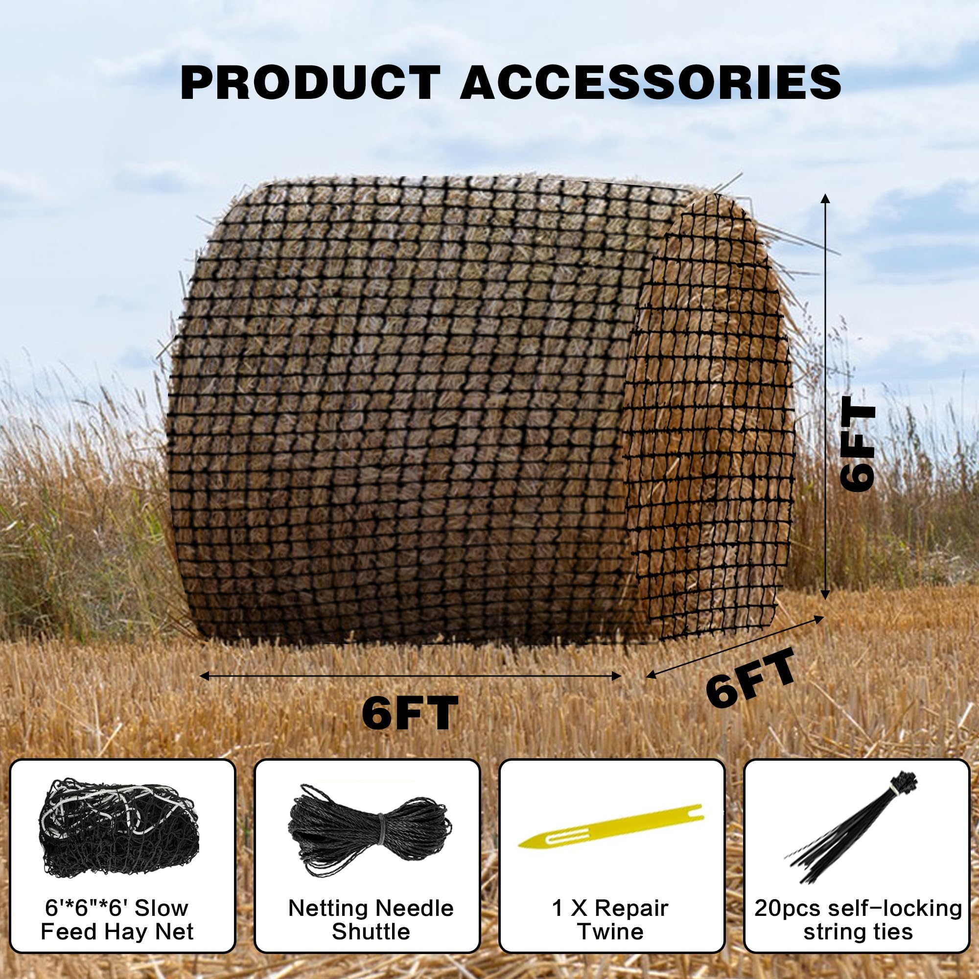 Round Bale Hay Net for Horses, 6x6 ft Feet Hay Nets with 1.75 Inch Holes, Slow Feed Hay Net for Horses Livestocks Feeder, Holes Fits Round Bales 4x4, 5x5, 6x6ft or Square Bales 3x3x8, 4x4x8, 5x5x8ft