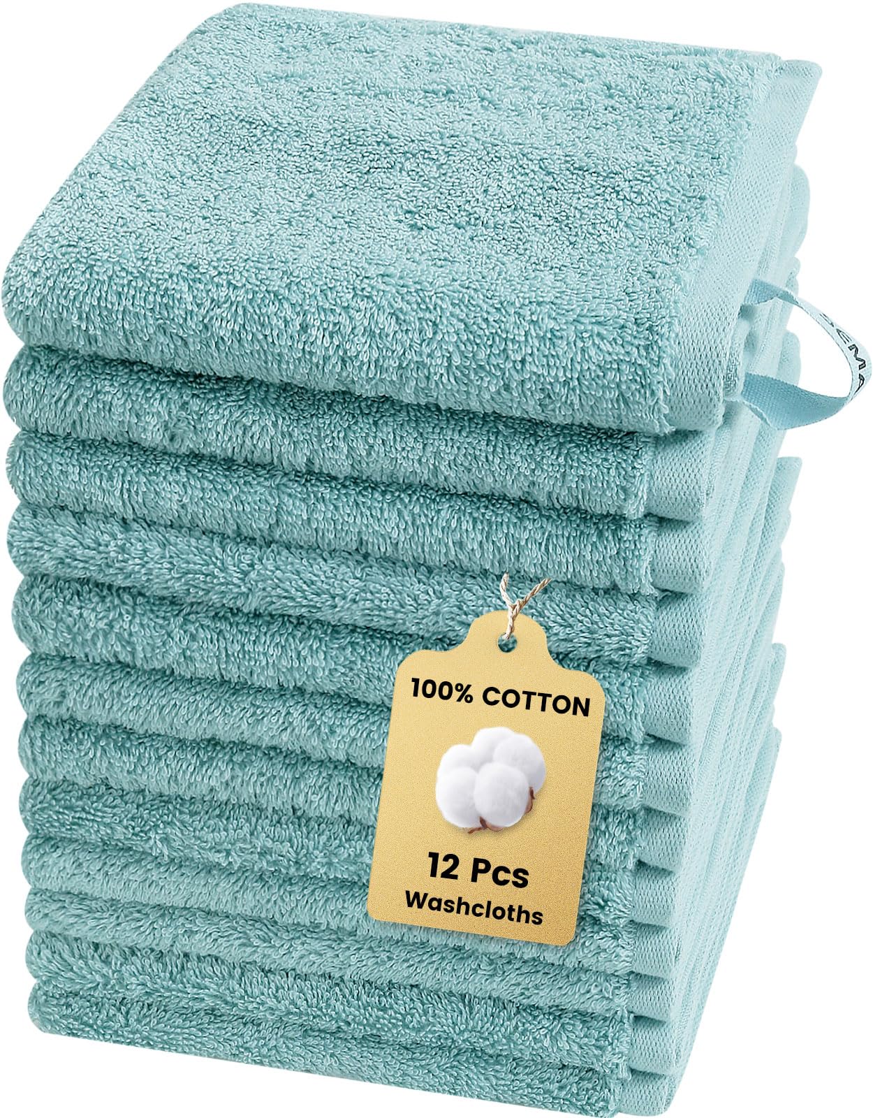 SEMAXE 100% Cotton Washcloths 12-Pack, 13 × 13 Inch Soft Luxury Face Towels – Super Absorbent & Quick-Dry, Premium Cloth with Hanging Loop, Oeko-TEX